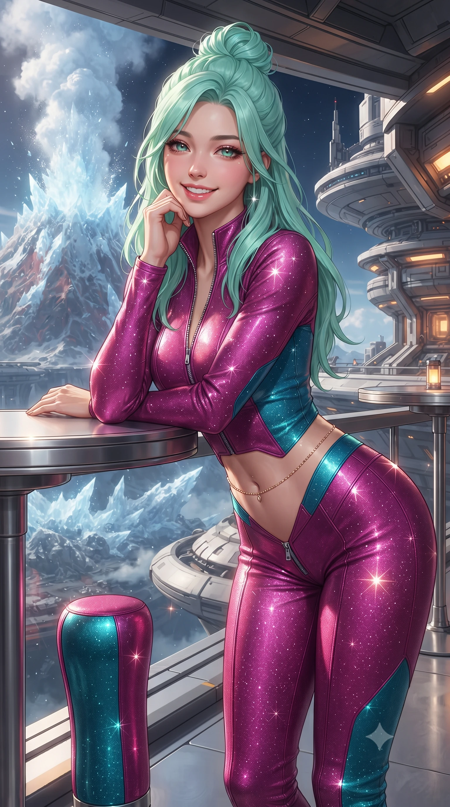 score_9, masterpiece, best quality, ultra-detailed, high-budget anime keyframe, editorial fashion photography, tasteful artistic composition, Japanese woman. close-up cowboy shot from the waist and thighs up, the character dominates the composition, filling the frame with her large presence. resting one elbow on the table and supporting her chin, leaning close to the camera with heavy-lidded sparkling eyes and parted lips while standing poised on the cantilevered observation deck overlooking a massive cryo-volcano erupting water-ice crystals into the vacuum, arching her lower back with magnetic siren charisma. The surrounding environment is rendered in vivid detail and crisp panoramic clarity: detailed outfit textures, second-skin fit, and world-class planetary outpost architecture in high resolution. She has an exceptionally elegant, slender, and willowy female figure with an ultra-slim waist, flat toned midriff, narrow ribcage, and sculpted feminine hips creating an alluring, slim hourglass silhouette without bulk. sharp v-shaped jawline, high-bridge nose, intricate jewel-like sparkling eyes with depth, thick eyelashes, glossy parted lips with a natural peach sheen, bright cheerful beaming smile with an enchanting and coquettish sensual glint, exuding both youthful cute charm and seductive allure, flawlessly proportioned anatomical accuracy, strict slender model proportions, natural body alignment, perfectly sculpted long slender limbs, ultra-slim waistline, clean dynamic posture without body distortion. wearing a sculpted tactical lambskin leather catsuit with seamless paneling and silver zipper hardware accentuating her flat midriff and curvy hips in Kowloon neon magenta and electric teal, woven from stretch metallic lurex jersey casting radiant starlight glints across her curves, accented with a dainty gold belly chain resting across her flat midriff and curving hips, the bespoke structured tailoring following the natural line of her 8.5-heads silhouette with refined elegance. bathed in crisp diamond sunlight reflecting off millions of frozen water-ice crystals combined with warm 2600K deck lanterns. ultra-reflective glossy finish, specular highlights, rich textural contrasts, high-contrast stereoscopic depth, volumetric dynamic lighting, 2k, ultra detail, master piece, 9:16 ratio