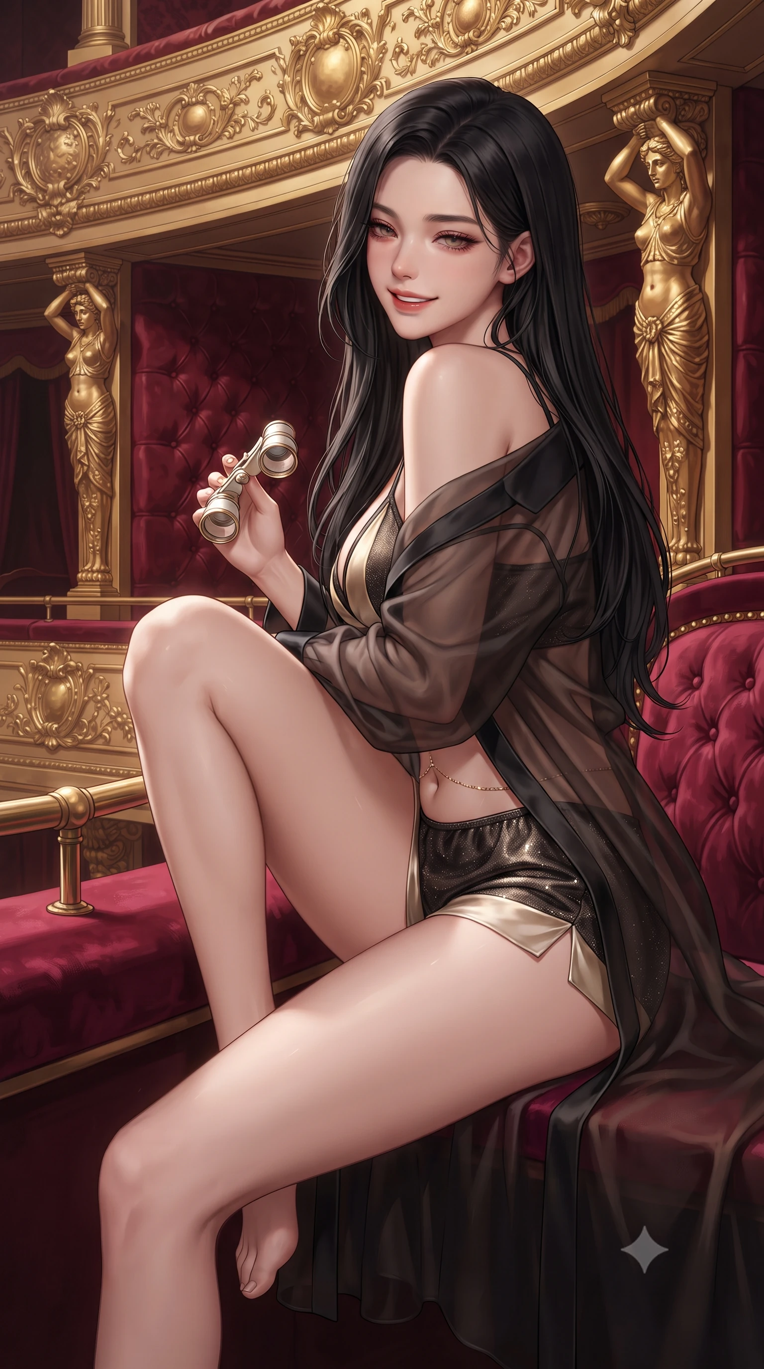 score_9, masterpiece, best quality, ultra-detailed, high-budget anime keyframe, editorial fashion photography, tasteful artistic composition, Korean woman. close-up cowboy shot from the waist and thighs up, the character dominates the composition, filling the frame with her large presence. perched sideways on the lounge seat, one knee drawn up to showcase her slender leg line while her arched back accentuates her feminine hip curve while leaning against the padded crimson velvet balustrade with hips cocked back, holding mother-of-pearl opera glasses with heavy-lidded smoldering eyes. The surrounding environment is rendered in vivid detail and crisp panoramic clarity: sharp hand-carved gilded caryatid moldings on box pillars, deep button-tufted crimson velvet upholstery, and brass rail joints in deep focus. She has an exceptionally elegant, slender, and willowy female figure with an ultra-slim waist, flat toned midriff, narrow ribcage, and sculpted feminine hips creating an alluring, slim hourglass silhouette without bulk. sharp v-shaped jawline, high-bridge nose, intricate jewel-like sparkling eyes with depth, thick eyelashes, glossy parted lips with a natural peach sheen, bright cheerful beaming smile with an enchanting and coquettish sensual glint, exuding both youthful cute charm and seductive allure, flawlessly proportioned anatomical accuracy, strict slender model proportions, natural body alignment, perfectly sculpted long slender limbs, ultra-slim waistline, clean dynamic posture without body distortion. wearing a sheer silk organza modern caftan robe worn loose and slipping off bare shoulders over a matching satin bralette and micro-shorts in deep midnight obsidian black and champagne gold, woven from stretch metallic lurex jersey casting radiant starlight glints across her curves, accented with a dainty gold belly chain resting across her flat midriff and curving hips, the precision-cut side openings and low-back scoop framing her graceful spine and the sensual sweep of her slim, toned hips. illuminated by gilded stucco bounce fill and sharp rose-gold rim lights defining her dewy collarbones, ultra-slim waist, and curvy hips. ultra-reflective glossy finish, specular highlights, rich textural contrasts, high-contrast stereoscopic depth, volumetric dynamic lighting, 2k, ultra detail, master piece, 9:16 ratio