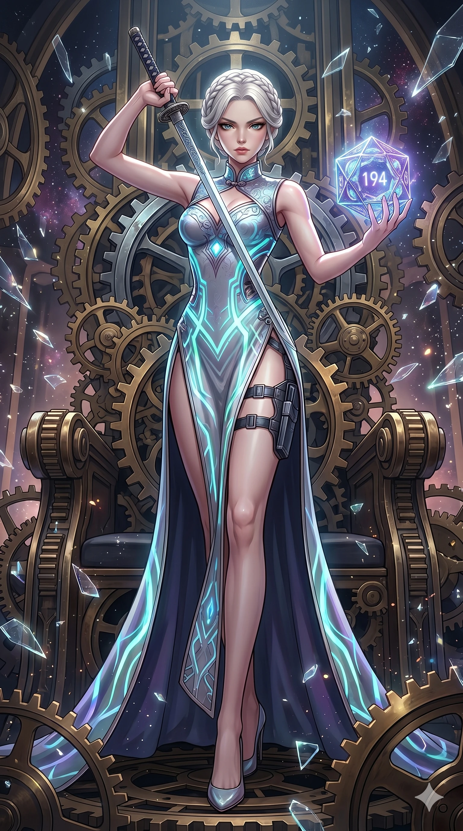 score_9, masterpiece, best quality, ultra-detailed, Set A: High-budget Anime Keyframe, Korean woman. Low angle cowboy shot filling the entire 9:16 frame with her statuesque presence. Drawing a blade through a throne of gears, holding a relic that pulses with the frequency 194 and surrounded by shattered glass fragments. She has an absolutely perfect 8-heads proportion, an exceptionally tall and slender female figure with impossibly long slender legs and an ultra-slim waist. Sharp v-shaped jawline, high-bridge nose, intricate jewel-like eyes with depth, thick eyelashes, glossy lips with a natural sheen. Wearing Ornate traditional silk gown with futuristic glowing patterns and a massive high slit. Cinematic lighting, vibrant colors, dramatic shadows, 2k, ultra detail, master piece, 9:16 ratio