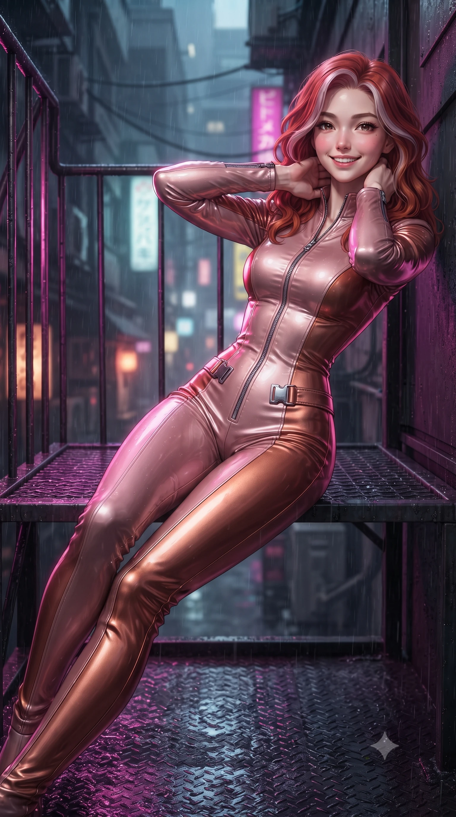 score_9, masterpiece, best quality, ultra-detailed, high-budget anime keyframe, editorial fashion photography, tasteful artistic composition, Caucasian woman. close-up cowboy shot from the waist and thighs up, the character dominates the composition, filling the frame with her large presence. resting both hands lightly behind her neck with elbows raised, arching her spine to highlight her narrow waist, flat midriff, and breathtaking collarbones while reclining gracefully on the sheltered neon-lit fire escape landing with legs extended, displaying her long slender limbs and statuesque hourglass silhouette amid rain-washed cyber-chaos. The background shows a soft-focus fine acid rain mist softened in cyberpunk Shinjuku alley canyon shallow focus. She has an exceptionally elegant, slender, and willowy female figure with an ultra-slim waist, flat toned midriff, narrow ribcage, and sculpted feminine hips creating an alluring, slim hourglass silhouette without bulk. sharp v-shaped jawline, high-bridge nose, intricate jewel-like sparkling eyes with depth, thick eyelashes, glossy parted lips with a natural peach sheen, bright cheerful beaming smile with an enchanting and coquettish sensual glint, exuding both youthful cute charm and seductive allure, flawlessly proportioned anatomical accuracy, strict slender model proportions, natural body alignment, perfectly sculpted long slender limbs, ultra-slim waistline, clean dynamic posture without body distortion. wearing a sculpted tactical lambskin leather catsuit with seamless paneling and silver zipper hardware accentuating her flat midriff and curvy hips in high-gloss rose-gold and burnished copper, tailored from high-gloss patent leather with mirror-like specular highlights, finished with sleek magnetic buckle closures fluttering in the breeze, the second-skin tailored fabric adhering flawlessly to her sculpted flat midriff and slender torso, emphasizing her long leg lines and perfectly proportioned willowy build. illuminated by wet metal reflection bounce and sharp neon-magenta rim lights defining her razor-sharp jawline, narrow waist, and curvy hips. ultra-reflective glossy finish, specular highlights, rich textural contrasts, high-contrast stereoscopic depth, volumetric dynamic lighting, 2k, ultra detail, master piece, 9:16 ratio