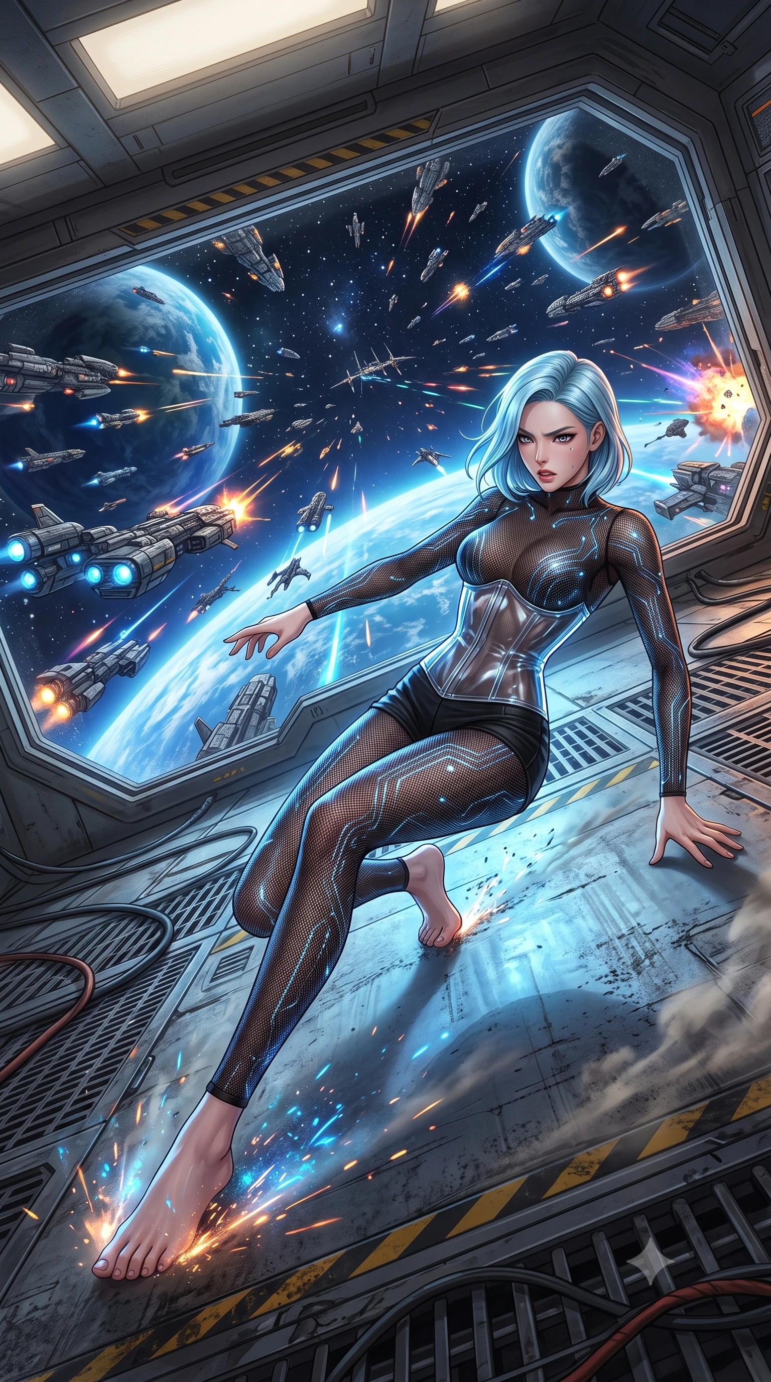 score_9, masterpiece, best quality, ultra-detailed, high-budget anime keyframe, editorial fashion photography, tasteful artistic composition, Korean woman. low angle full-body shot from head to toe showing her feet, filling the entire 9:16 vertical frame with her statuesque presence, stretching her vertical silhouette. skidding across a metal flight deck as the starship tilts violently during battle inside a luxury observation lounge on a cruiser, a large window revealing a fleet of hundreds of ships assembling in orbit. She has a statuesque 8.5-heads proportion, an exceptionally tall, slender and willowy model-like build with impossibly long legs and a highly sculpted ultra-slim waist. sharp v-shaped jawline, high-bridge nose, intricate jewel-like eyes with depth, thick eyelashes, glossy lips with a natural sheen. wearing catching and diffusing the glowing particles, shimmering softly in response to the surrounding light, a body-hugging see-through black mesh bodysuit with integrated glowing blue circuitry, layered with a transparent vinyl underbust corset and black micro-shorts. highly saturated vibrant anime colors, intense vivid color palette, soft 3D volumetric shading, volumetric dynamic lighting, soft ambient interior lighting mixed with blue planet-shine from below. 2k, ultra detail, master piece, 9:16 ratio