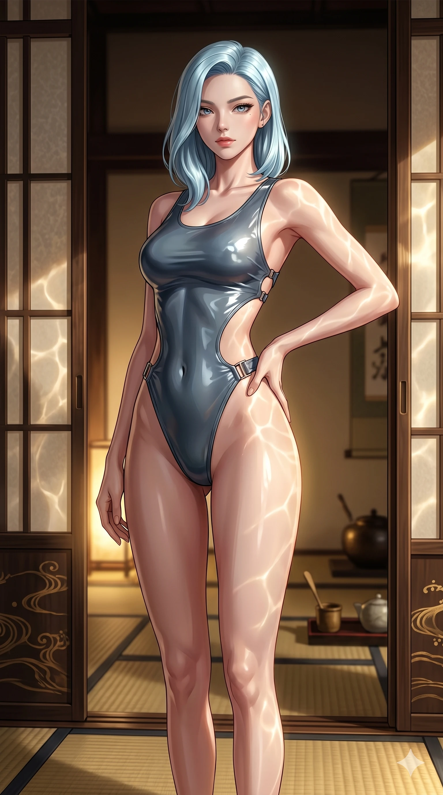 score_9, masterpiece, best quality, ultra-detailed, high-budget anime keyframe, editorial fashion photography, tasteful artistic composition, Korean woman. cowboy shot from the thighs up, character and outfit filling the frame for maximum editorial presence. resting her hand on her hip, arching her back slightly to capture the sun in a traditional Japanese resort tea room with sliding screens (Code-P19-128). She has an absolutely perfect 8-heads proportion, an exceptionally tall and slender female figure with impossibly long slender legs and an ultra-slim waist. V-shaped jawline, high-bridge nose, intricate jewel-like eyes with depth, thick eyelashes, glossy lips with a natural sheen. wearing a wet-look swimsuit with side cutouts and high-cut leg lines in the sun. golden light emanating from the water ripples, creating a dramatic chiaroscuro effect. 2k, ultra detail, master piece, 9:16 ratio