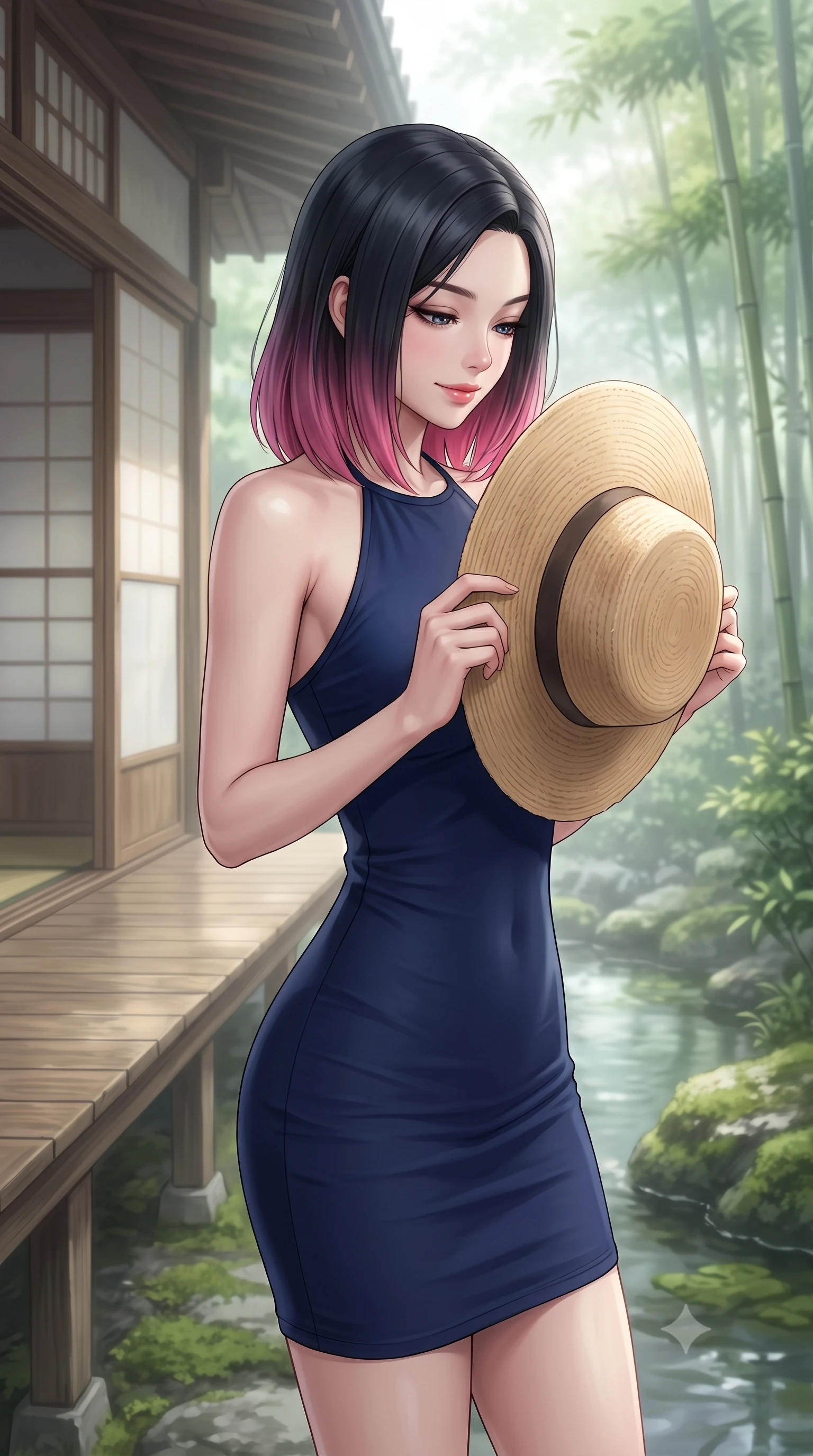 score_9, masterpiece, best quality, ultra-detailed, high-budget anime keyframe, editorial fashion photography, tasteful artistic composition, Korean woman woman. close-up cowboy shot from the waist and thighs up, the character dominates the composition, filling the frame with her large presence, background elements kept in soft focus. holding a wide-brimmed straw hat with both hands against the breeze, looking down with a soft smile the background shows a soft-focus a wooden deck of a traditional Japanese inn overlooking a quiet stream and bamboo grove. She has an exceptionally elegant, slender, and willowy female figure with an ultra-slim waist, a gracefully sculpted slender torso, and a refined silhouette. sharp v-shaped jawline, high-bridge nose, intricate jewel-like eyes with depth, thick eyelashes, glossy lips with a natural sheen. wearing a slim-fit form-fitting halter dress in deep navy blue, contouring her athletic, slender build. soft morning mist diffusing the sunlight, creating a tranquil atmosphere. 2k, ultra detail, master piece, 9:16 ratio