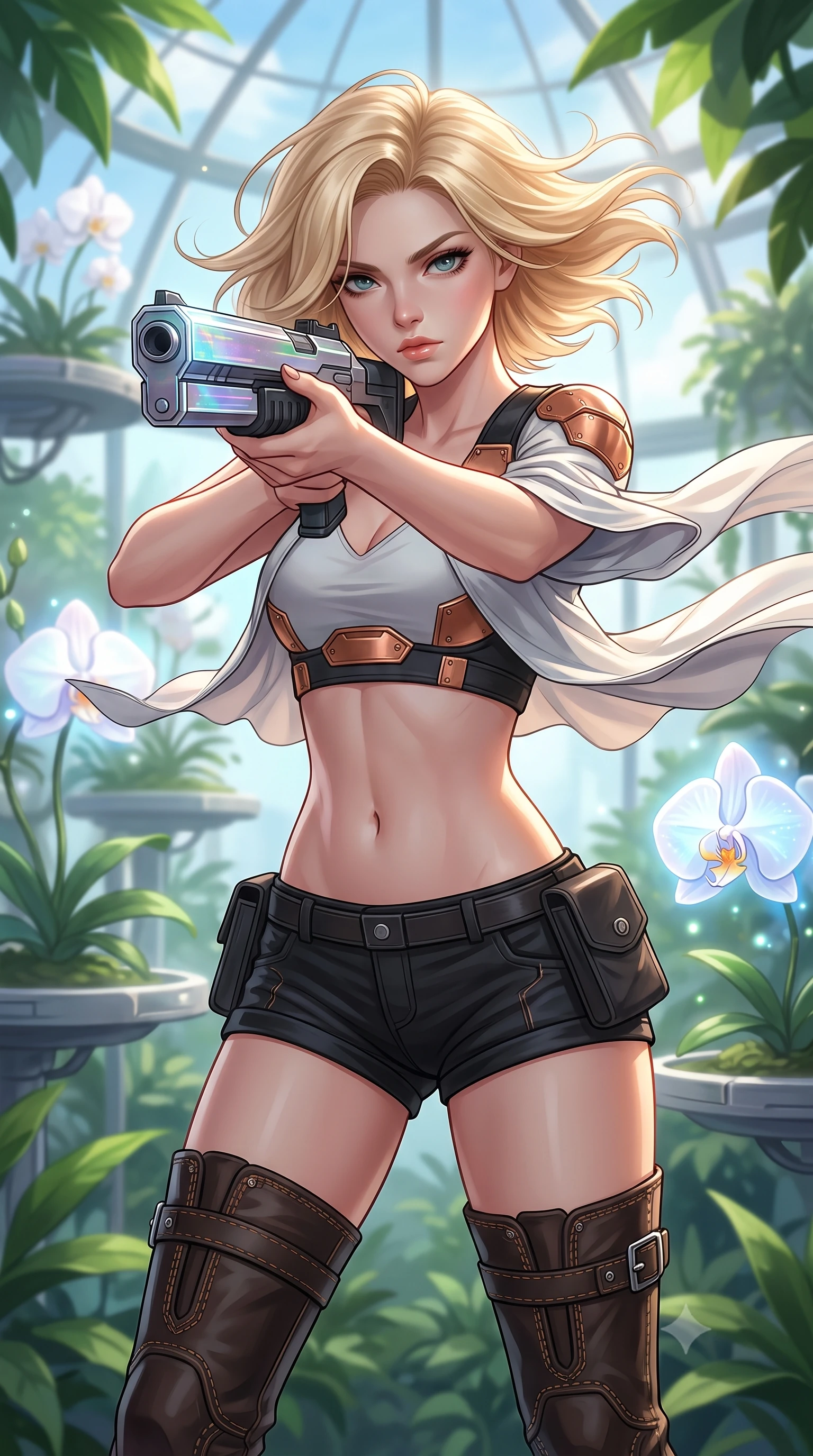 score_9, masterpiece, best quality, ultra-detailed, high-budget anime keyframe, editorial fashion photography, tasteful artistic composition, Caucasian woman, strictly human ears. close-up cowboy shot from the waist and thighs up, the character dominates the composition, filling the frame with her large presence, background elements kept in soft focus. Aiming a sleek holographic railgun with intense focused gaze and wind-blown hair. set against a soft-focus background of a massive climate-controlled greenhouse featuring floating platforms and genetically engineered glowing white orchids. She has an exceptionally elegant and slender, willowy female figure with an ultra-slim waist, a gracefully sculpted slender torso, and a refined slim physique. sharp v-shaped jawline, high-bridge nose, intricate jewel-like eyes with depth, thick eyelashes, glossy lips with a natural sheen. wearing the lightweight fabric rippling and billowing dramatically with her movement, a tailored cybernetic warrior crop top with copper plate details, paired with black low-rise utility shorts and thigh-high leather boots. highly saturated vibrant anime colors, intense vivid color palette, soft 3D volumetric shading, volumetric dynamic lighting, soft simulated sunlight filtering through clean glass panels and green leaves. 2k, ultra detail, master piece, 9:16 ratio
