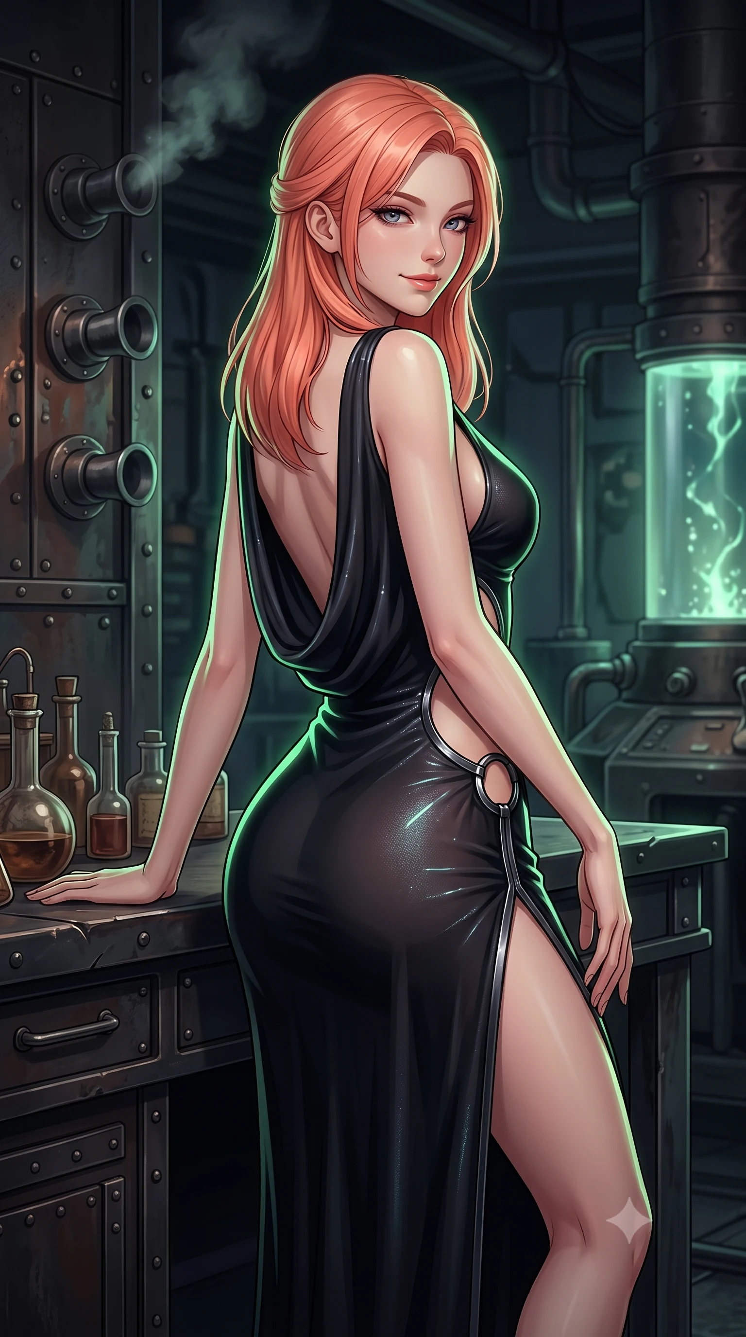 score_9, masterpiece, best quality, ultra-detailed, high-budget anime keyframe, semi-realistic 3D game render, editorial fashion photography, tasteful artistic composition, Japanese woman. close-up cowboy shot from the waist and thighs up, the character dominates the composition, filling the frame with her large presence. gazing directly into the lens with bedroom eyes and a breathtaking, dangerous allure that commands the entire dark composition while leaning against a dark metal workbench strewn with antique alchemical vials with an intelligent, tempting smile. The surrounding environment is rendered in vivid detail and crisp panoramic clarity. sharp steam vent nozzles, riveted iron plates, and glowing fluid caustics in high clarity. She has an exceptionally elegant, slender, and willowy female figure with an ultra-slim waist, a gracefully sculpted slender torso, toned flat midriff, and a refined slim silhouette. sharp v-shaped jawline, high-bridge nose, intricate jewel-like eyes with depth, thick eyelashes, glossy lips with a natural sheen, flawlessly proportioned anatomical accuracy, strict slender model proportions, natural body alignment, perfectly sculpted long slender limbs, ultra-slim waistline, clean dynamic posture without body distortion. wearing a precision-fitted liquid jersey bodycon dress in obsidian black with a dramatic draped cowl back that swoops down to her waist and a high side slit in dark obsidian black with polished gunmetal accents, tailored from semi-translucent dark cybernetic vinyl with subtle glowing micro-filaments, detailed with polished gunmetal rings connecting the daring side-waist cutouts, the sleek second-skin cut tightly hugging her graceful clavicle, narrow waist, and feminine curves with athletic precision. illuminated by crisp green rim highlights outlining her ultra-slim waist and sculpted silhouette. rich saturated anime colors with deep moody shadows, detailed chiaroscuro shading with soft gradients, rich glossy textures, high-contrast stereoscopic depth, volumetric dynamic shadow lighting, master piece, 9:16 ratio