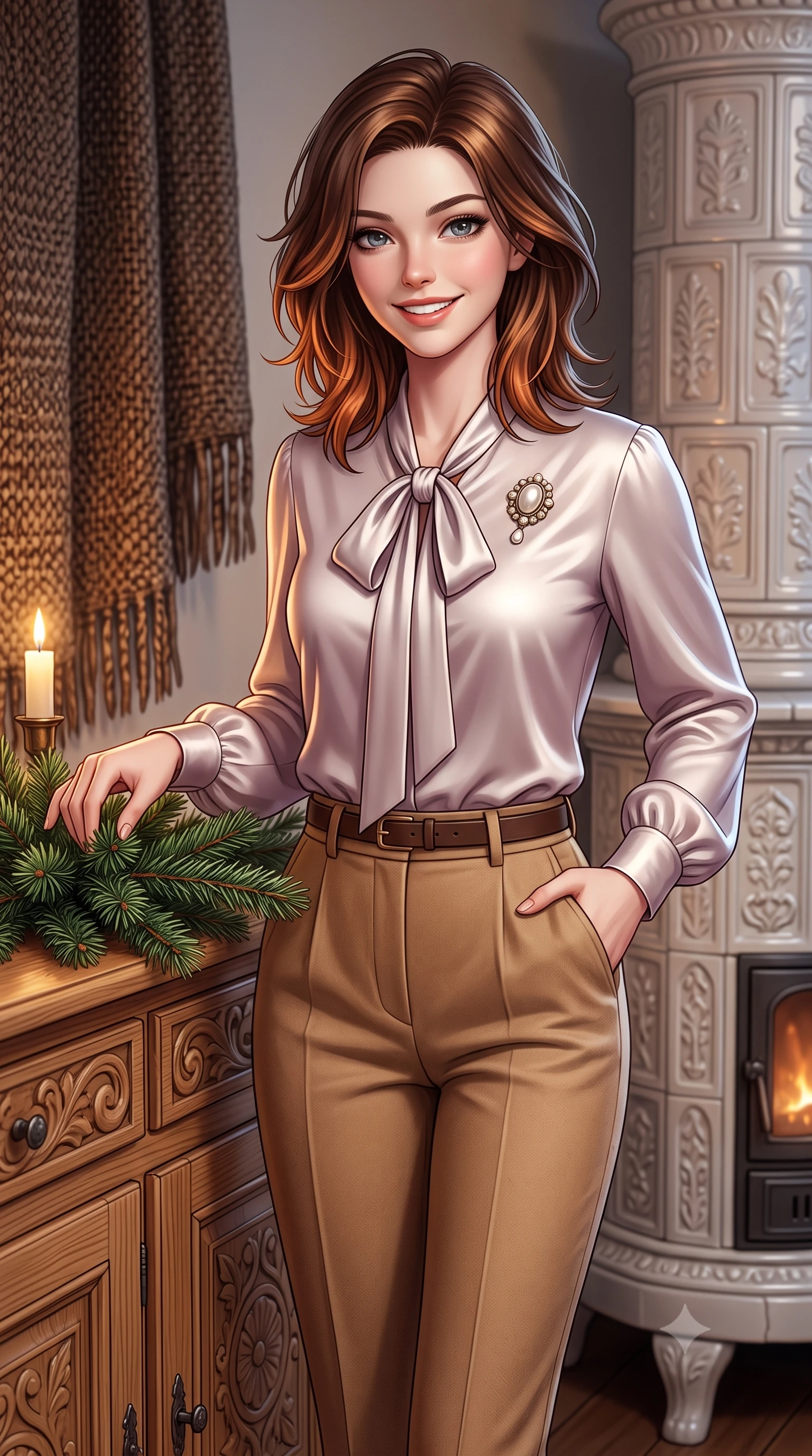 score_9, masterpiece, best quality, ultra-detailed, high-budget anime keyframe, semi-realistic 3D game render, editorial fashion photography, tasteful artistic composition, Korean woman. close-up cowboy shot from the waist and thighs up, the character dominates the composition, filling the frame with her large presence. standing poised with one hand slipped into her tailored trouser pocket, head tilted in a friendly, engaging expression while standing poised at the hand-carved Arvenholz pine dining credenza, arranging fragrant winter pine branches with graceful domestic poise. The surrounding environment is rendered in vivid detail and crisp panoramic clarity: sharp tight annual growth rings in fragrant pine timber, glazed ceramic stove relief patterns, and hand-woven wool throw textures in deep focus. She has an exceptionally elegant, slender, and willowy female figure with an ultra-slim waist, flat toned midriff, narrow ribcage, and sculpted feminine hips creating an alluring, slim hourglass silhouette without bulk. sharp v-shaped jawline, high-bridge nose, intricate jewel-like sparkling eyes with depth, thick eyelashes, glossy parted lips with a natural peach sheen, bright cheerful beaming smile with an enchanting and coquettish sensual glint, exuding both youthful cute charm and seductive allure, flawlessly proportioned anatomical accuracy, strict slender model proportions, natural body alignment, perfectly sculpted long slender limbs, ultra-slim waistline, clean dynamic posture without body distortion. wearing a fluid silk crepe pussy-bow blouse paired with a high-waisted tailored pencil midi skirt and slim leather belt in Saint-Germain camel wool and warm espresso, crafted from fluid mulberry silk twill with an understated lustrous pearl finish, complemented by an antique baroque pearl brooch pinned tastefully on the lapel, the streamlined silhouette following her natural slender proportions with sophisticated poise, enhancing her tall willowy presence. bathed in cozy 2700K warm ambient candlelight and soft porcelain stove radiance combined with cool winter window light. highly saturated vibrant anime colors, detailed shading with soft gradients, rich glossy textures, high-contrast stereoscopic depth, volumetric dynamic lighting, master piece, 9:16 ratio