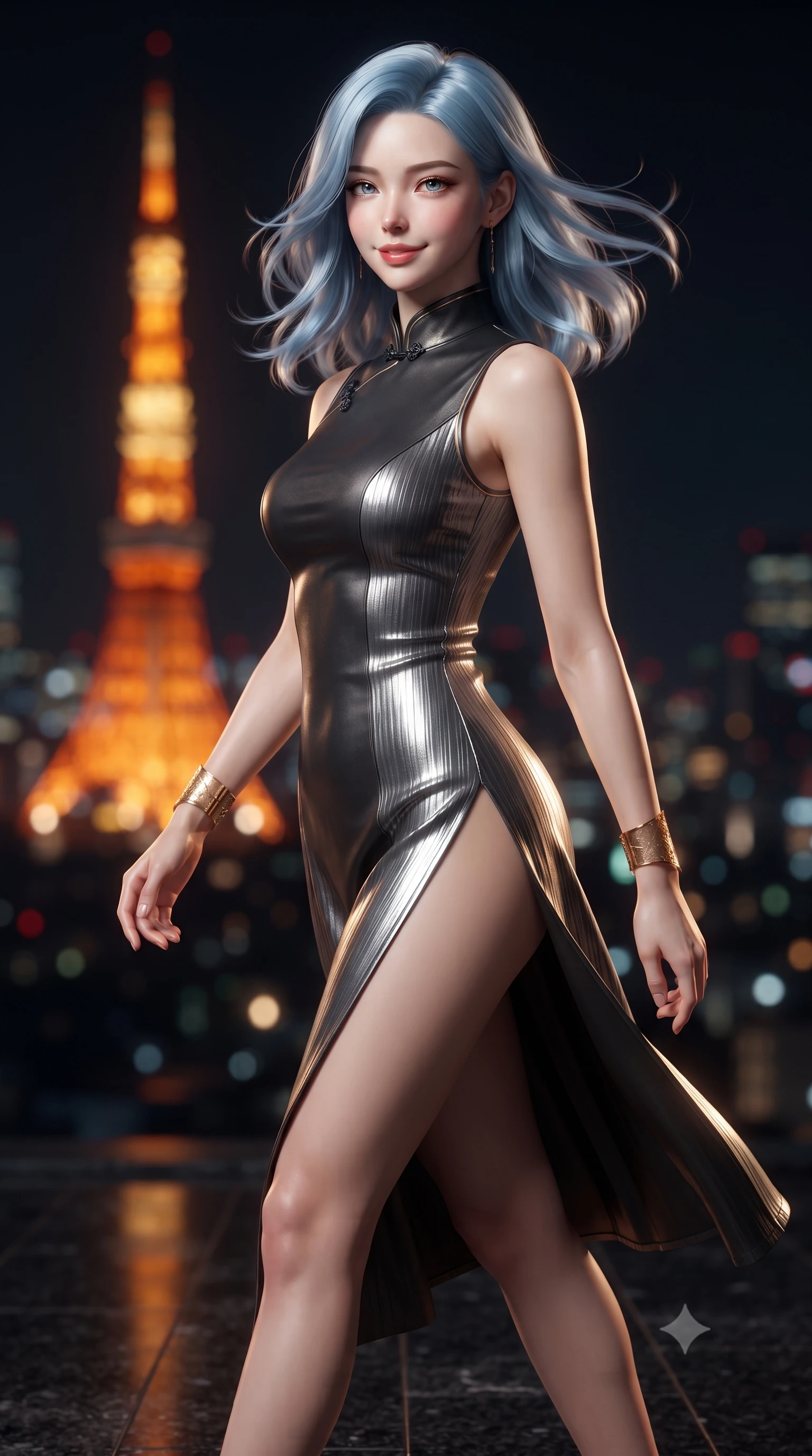 score_9, masterpiece, best quality, ultra-detailed, high-budget anime keyframe, editorial fashion photography, tasteful artistic composition, Korean woman. close-up cowboy shot from the waist and thighs up, the character dominates the composition, filling the frame with her large presence. turning slowly with an enchanting smoldering smile, her glossy hair tossing in the breeze as her hips angle gracefully in a captivating contrapposto while walking slowly across the polished black granite floor with confident model strides, her high-slit dress revealing her slender legs. The background shows a soft-focus the iconic glowing orange beacon of Tokyo Tower and endless sea of metropolitan lights blurred into scarlet, gold, and obsidian bokeh. She has an exceptionally elegant, slender, and willowy female figure with an ultra-slim waist, flat toned midriff, narrow ribcage, and sculpted feminine hips creating an alluring, slim hourglass silhouette without bulk. sharp v-shaped jawline, high-bridge nose, intricate jewel-like sparkling eyes with depth, thick eyelashes, glossy parted lips with a natural peach sheen, bright cheerful beaming smile with an enchanting and coquettish sensual glint, exuding both youthful cute charm and seductive allure, flawlessly proportioned anatomical accuracy, strict slender model proportions, natural body alignment, perfectly sculpted long slender limbs, ultra-slim waistline, clean dynamic posture without body distortion. wearing a modern cheongsam-inspired form-fitting sleeveless mini dress with mandarin collar and dramatic hip-high side slits in smoky charcoal noir and reflective metallic platinum, crafted from delicate pleated metallic lamé catching dynamic light with every step, accented with delicate golden wrist cuffs reflecting warm chandelier light, the high-slit wrap tailoring accentuating her ultra-slim waistline and the enchanting curve of her feminine hips with alluring seductive charm. illuminated by gallery recessed downlights and crisp amber-gold rim lights defining her dewy collarbones, narrow waist, and curvy hips. ultra-reflective glossy finish, specular highlights, rich textural contrasts, high-contrast stereoscopic depth, volumetric dynamic lighting, 2k, ultra detail, master piece, 9:16 ratio