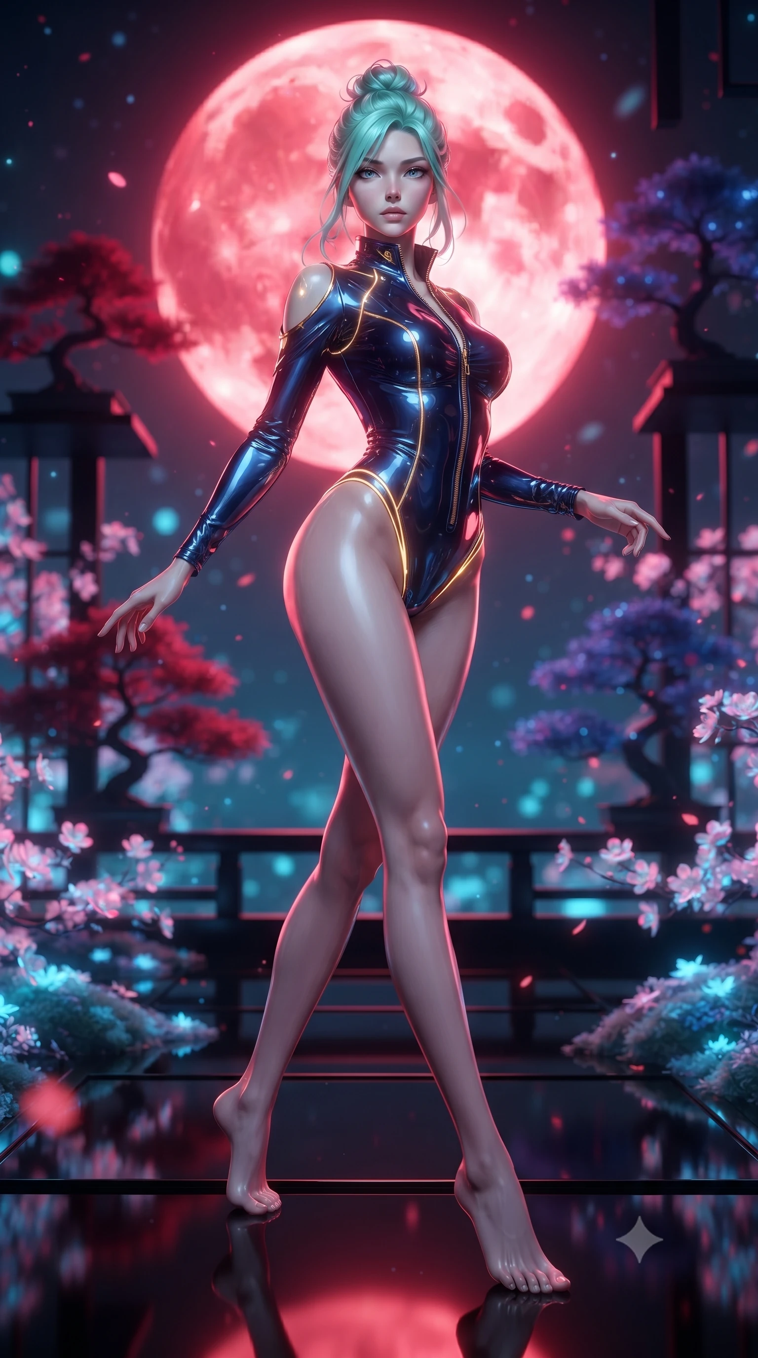 score_9, masterpiece, best quality, ultra-detailed, high-budget anime keyframe, editorial fashion photography, tasteful artistic composition, Japanese woman. low angle full-body shot from head to toe showing her feet, filling the entire 9:16 vertical frame with her statuesque presence, stretching her vertical silhouette. pivoting dynamically in mid-motion with a breathtakingly alluring posture, displaying her flawless model proportions and ultra-slim waist while lounging along a polished black lacquer veranda as holographic cherry blossoms and blue moss glow softly. The composition keeps background elements in soft focus with creamy bokeh. colossal glowing blood moon and floating neon bonsai trees blurred into deep crimson and indigo bokeh. She has an absolutely perfect, statuesque 8.5-heads proportion, an exceptionally tall and slender model-like female figure with impossibly long slender legs and an ultra-slim waist. sharp v-shaped jawline, high-bridge nose, intricate jewel-like eyes with depth, thick eyelashes, glossy lips with a natural sheen, flawlessly proportioned anatomical accuracy, natural body alignment, perfectly sculpted elegant limbs, clean dynamic posture without body distortion. wearing a form-fitting top made of molten liquid-mercury fabric that clings to her curves, with strategic tear-drop shoulder cutouts and a dangerously unzipped front collar in midnight sapphire blue and glowing gold filaments, formed from high-gloss patent material with specular light reflections, accented with glowing fiber-optic seams tracing her collarbones and hip curves, the form-contouring second-skin material highlighting her ultra-slim waist and long lines. bathed in dramatic crimson blood-moon backlighting and glowing cyan moss ambient fill. ultra-reflective glossy finish, specular highlights, metallic sheen, high-contrast stereoscopic depth, volumetric dynamic lighting, 2k, ultra detail, master piece, 9:16 ratio