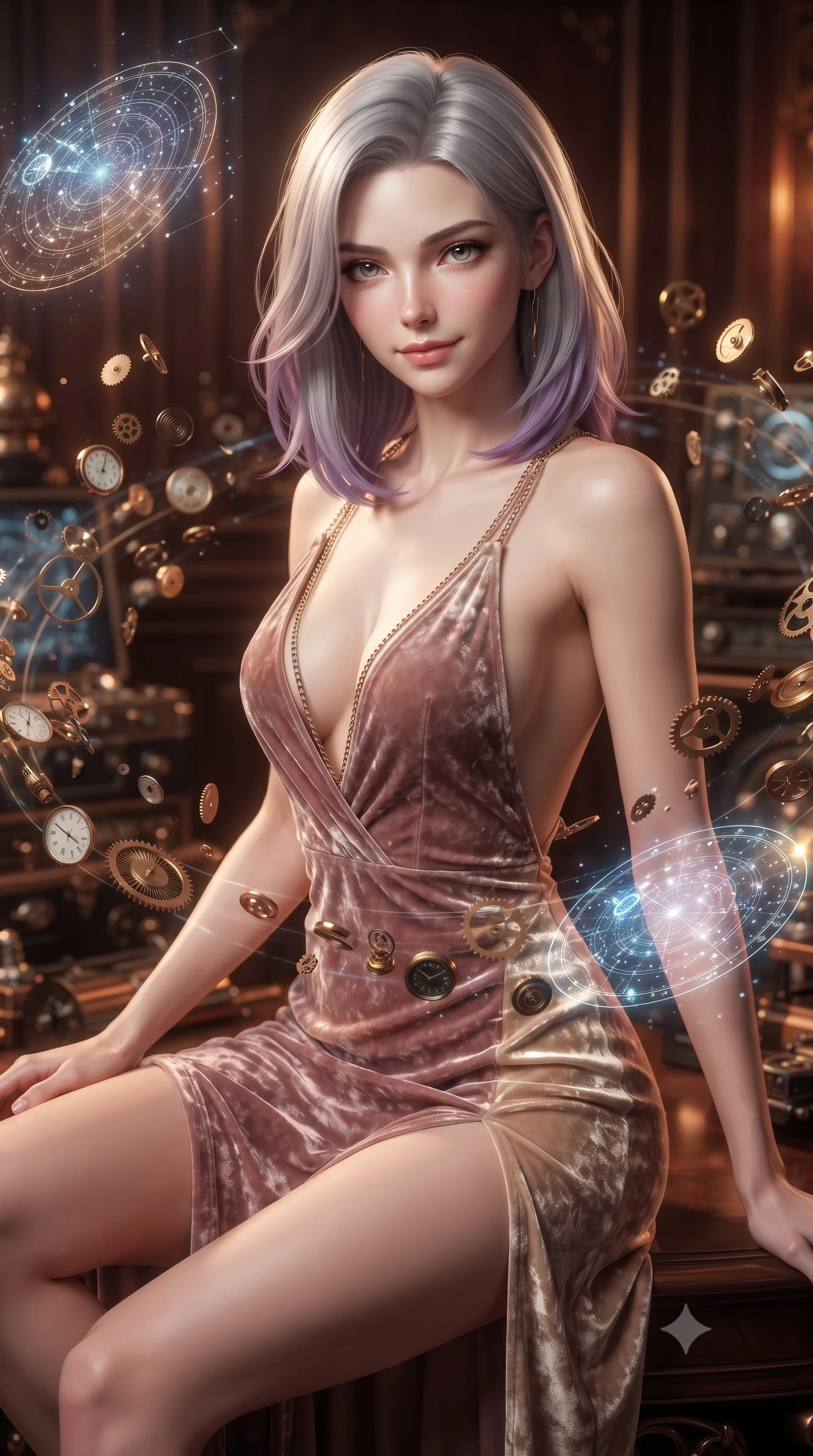 score_9, masterpiece, best quality, ultra-detailed, high-budget anime keyframe, editorial fashion photography, tasteful artistic composition, Caucasian woman. close-up cowboy shot from the waist and thighs up, the character dominates the composition, filling the frame with her large presence, background elements kept in soft focus. Smiling with quiet, magnetic self-assurance directly into the lens navigating a blizzard of floating analog gear parts and glowing star maps, rich mahogany and polished bronze textures reflecting warm hearth light. She has an exceptionally elegant, slender, and willowy female figure with an ultra-slim waist, a gracefully sculpted slender torso, and a refined silhouette. sharp v-shaped jawline, high-bridge nose, intricate jewel-like eyes with depth, thick eyelashes, glossy lips with a natural sheen. wearing a backless crushed velvet gown with a deep V-neckline and high thigh slit in dusty rose and champagne gold, made of premium stretch velvet with a rich sheen, adorned with delicate metallic chain straps along the neckline, the tailored fabric tightly following every curve of her athletic build. surrounded by warm hearth light and dramatic bronze rim highlights. ultra-reflective glossy finish, specular highlights, metallic sheen, high-contrast stereoscopic depth, volumetric dynamic lighting, 2k, ultra detail, master piece, 9:16 ratio
