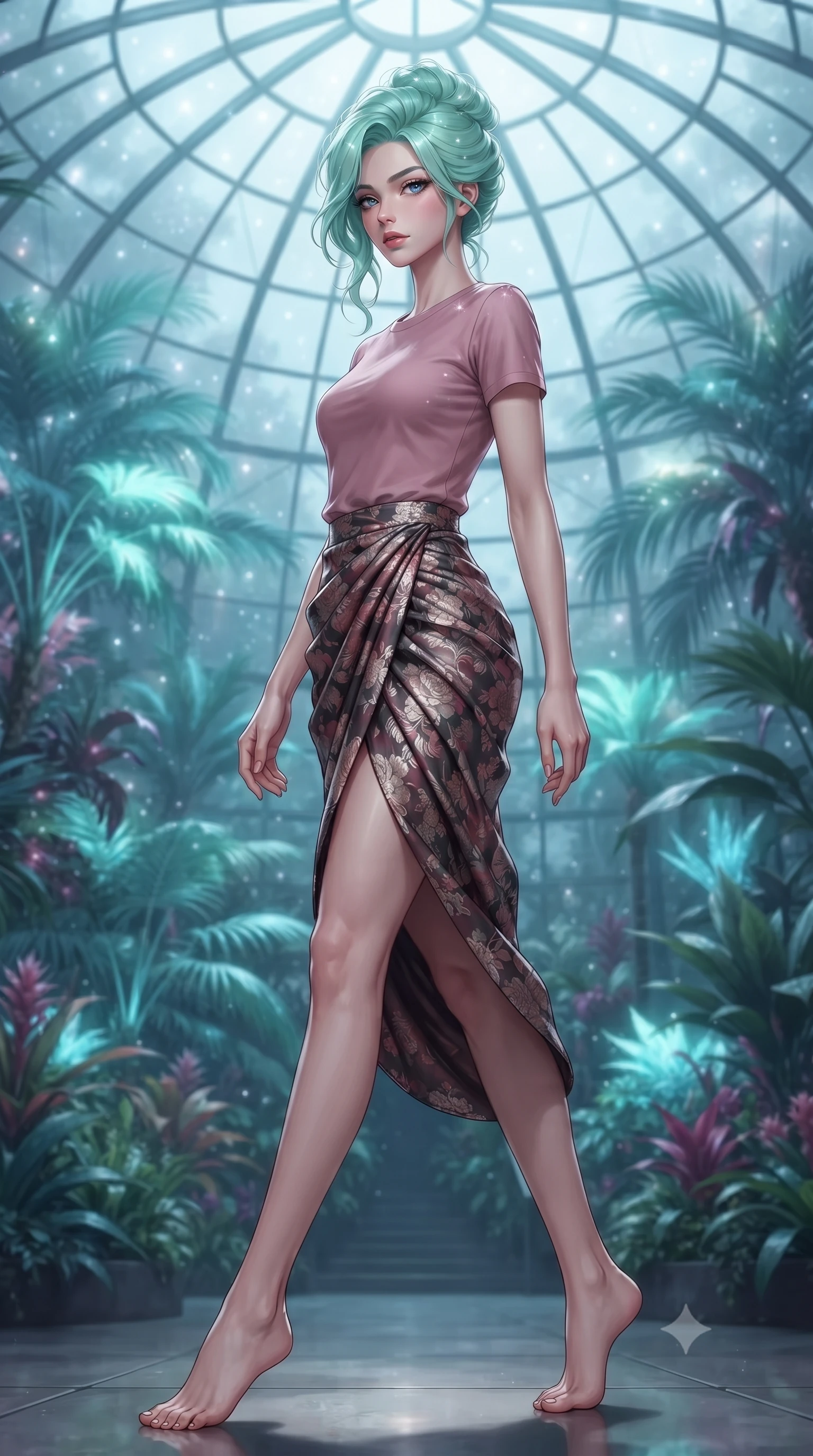 score_9, masterpiece, best quality, ultra-detailed, high-budget anime keyframe, editorial fashion photography, tasteful artistic composition, Japanese woman. low angle full-body shot from head to toe showing her feet, filling the entire 9:16 vertical frame with her statuesque presence, stretching her vertical silhouette. stepping gracefully while looking back over her shoulder, her dress draped tightly to reveal her silhouette the background shows a soft-focus a geodesic glass greenhouse dome filled with glowing bioluminescent tropical palms. She has an absolutely perfect, statuesque 8.5-heads proportion, an exceptionally tall and slender model-like female figure with impossibly long slender legs and an ultra-slim waist. sharp v-shaped jawline, high-bridge nose, intricate jewel-like eyes with depth, thick eyelashes, glossy lips with a natural sheen. wearing a slim-fit simple crewneck t-shirt in dusty pink paired with a floral print wrap skirt. opal silver starlight filtering through the glass ceiling, creating a cool ambient atmosphere. ultra-reflective glossy finish, specular highlights, metallic sheen, high-contrast stereoscopic depth, volumetric dynamic lighting, 2k, ultra detail, master piece, 9:16 ratio