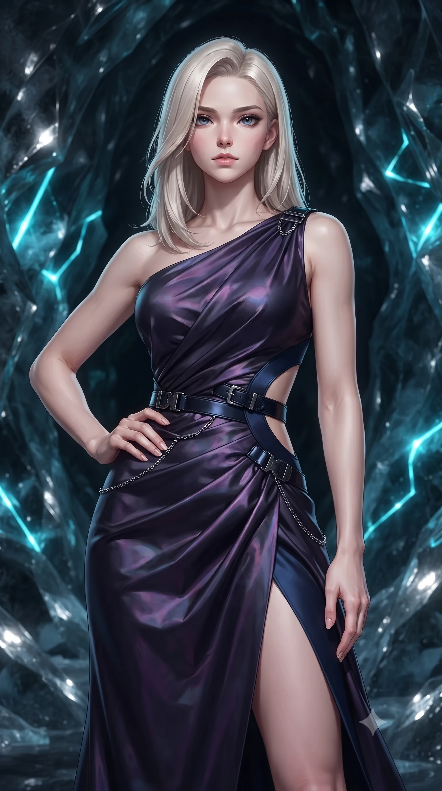 score_9, masterpiece, best quality, ultra-detailed, high-budget anime keyframe, editorial fashion photography, tasteful artistic composition, Caucasian woman. close-up cowboy shot from the waist and thighs up, the character dominates the composition, filling the frame with her large presence, background elements kept in soft focus. Holding a confident power pose with one hand on her hip, navigating a frozen dark ice cavern with glowing cyan circuit lines, dark translucent ice facets reflecting sharp silver specular highlights. She has an exceptionally elegant, slender, and willowy female figure with an ultra-slim waist, a gracefully sculpted slender torso, and a refined silhouette. sharp v-shaped jawline, high-bridge nose, intricate jewel-like eyes with depth, thick eyelashes, glossy lips with a natural sheen. wearing draped obsidian silk gown featuring tasteful waist slit cutouts in midnight navy blue, made of iridescent dark violet taffeta, framed by dark titanium buckles and silver chain details, the fitted fabric emphasizing her ultra-slim waist. illuminated by pulsing cyan electric circuit light piercing black glacier ice. highly saturated vibrant anime colors, detailed shading with soft gradients, rich glossy textures, high-contrast stereoscopic depth, volumetric dynamic lighting, master piece, 9:16 ratio