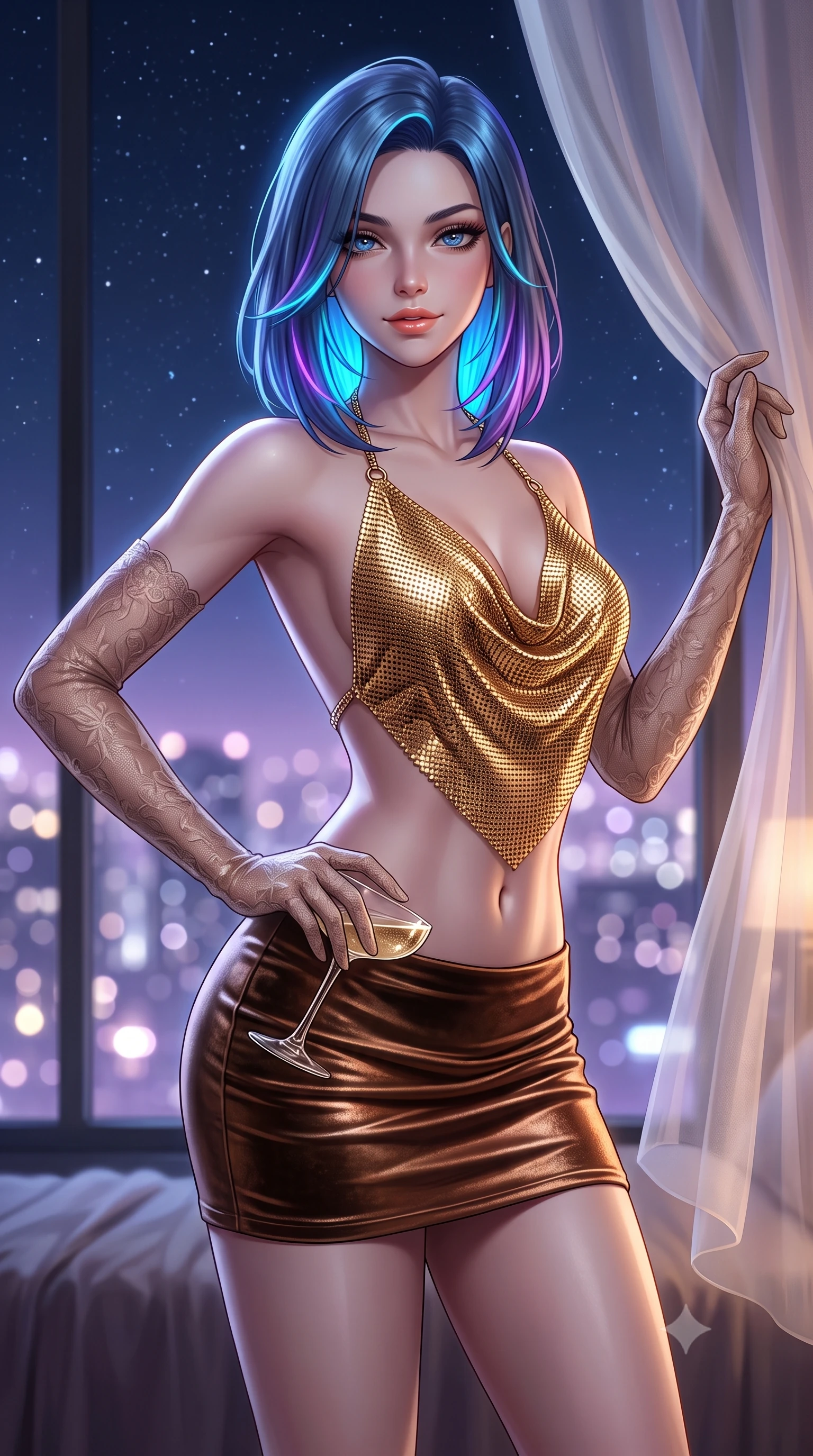 score_9, masterpiece, best quality, ultra-detailed, high-budget anime keyframe, semi-realistic 3D game render, editorial fashion photography, tasteful artistic composition, Caucasian woman. close-up cowboy shot from the waist and thighs up, the character dominates the composition, filling the frame with her large presence. twisting her slender torso in an alluring contrapposto stance, one hand resting on her sculpted hip while her fingers toy with a champagne coupe while twisting her slender torso in an alluring S-curve while adjusting a sheer robe, night city lights pouring through floor-to-ceiling panoramic glass. The background shows a soft-focus floating sheer ivory silk canopy drapes and the endless starry midnight sky outside blurred into soft lavender, pearl, and silver bokeh. She has an exceptionally elegant, slender, and willowy female figure with an ultra-slim waist, flat toned midriff, narrow ribcage, and sculpted feminine hips creating an alluring, slim hourglass silhouette without bulk. sharp v-shaped jawline, high-bridge nose, sparkling eyes with hypnotic seductive depth, thick curled eyelashes, glossy parted lips with a natural dewy peach sheen, alluring bedroom-eyes with an enchanting coquettish smile, exuding magnetic siren charisma and sophisticated high-fashion glamour, flawlessly proportioned anatomical accuracy, strict slender model proportions, natural body alignment, perfectly sculpted long slender limbs, ultra-slim waistline, clean dynamic posture without body distortion. wearing a liquid gold chainmail halter cowl top paired with an ultra-low-rise velvet mini skirt in sultry espresso bronze and metallic copper, woven from buttery-soft stretch lambskin leather adhering to her body like a second skin, complemented by sheer opera-length lace evening gloves tracing her slender arms, the liquid-tight tailored fabric clinging flawlessly to her narrow waist and rounded feminine hips, emphasizing every millimeter of her sculpted slim hourglass curves without any bulky heaviness. bathed in cool moonlight streaming through floor-to-ceiling glass mixed with soft bedside incandescent warmth. highly saturated vibrant anime colors, detailed shading with soft gradients, rich glossy textures, high-contrast stereoscopic depth, volumetric dynamic lighting, master piece, 9:16 ratio