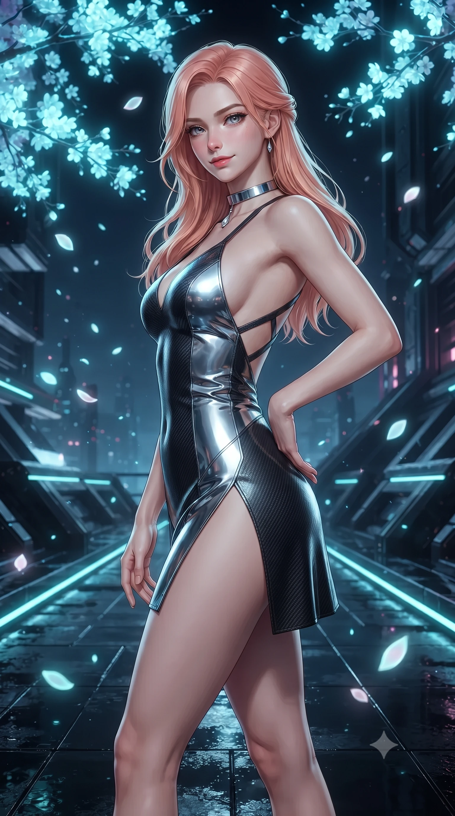 score_9, masterpiece, best quality, ultra-detailed, high-budget anime keyframe, editorial fashion photography, tasteful artistic composition, Japanese woman. close-up cowboy shot from the waist and thighs up, the character dominates the composition, filling the frame with her large presence. tilting her head with a teasing half-smile, running one hand slowly down the side of her hip in a flirtatious S-curve as ambient light caresses her silhouette while standing poised on the wet black obsidian pathway beneath bioluminescent glass sakura branches, arching her lower back with sovereign supermodel grace as glowing petal holograms drift through the air. The surrounding environment is rendered in vivid detail and crisp panoramic clarity: detailed garment seam lines, metallic cyber-trim, and advanced aerospace architecture in razor-sharp precision. She has an exceptionally elegant, slender, and willowy female figure with an ultra-slim waist, flat toned midriff, narrow ribcage, and sculpted feminine hips creating an alluring, slim hourglass silhouette without bulk. sharp v-shaped jawline, high-bridge nose, intricate jewel-like sparkling eyes with depth, thick eyelashes, glossy parted lips with a natural peach sheen, bright cheerful beaming smile with an enchanting and coquettish sensual glint, exuding both youthful cute charm and seductive allure, flawlessly proportioned anatomical accuracy, strict slender model proportions, natural body alignment, perfectly sculpted long slender limbs, ultra-slim waistline, clean dynamic posture without body distortion. wearing a backless liquid foil mini dress with criss-cross spinal straps and daring side slit in matte carbon fiber black and polished chrome, tailored from high-gloss patent leather with mirror-like specular highlights, finished with a minimalist chrome choker and a single teardrop diamond pendant, the glove-like clinging cut tightly following the natural contour of her hips and long slender legs with youthful 8.5-heads elegance. illuminated by floor pool reflection bounce and sharp laser-cyan rim lights sculpting her razor-sharp jawline, narrow waist, and curvy hips. ultra-reflective glossy finish, specular highlights, rich textural contrasts, high-contrast stereoscopic depth, volumetric dynamic lighting, 2k, ultra detail, master piece, 9:16 ratio