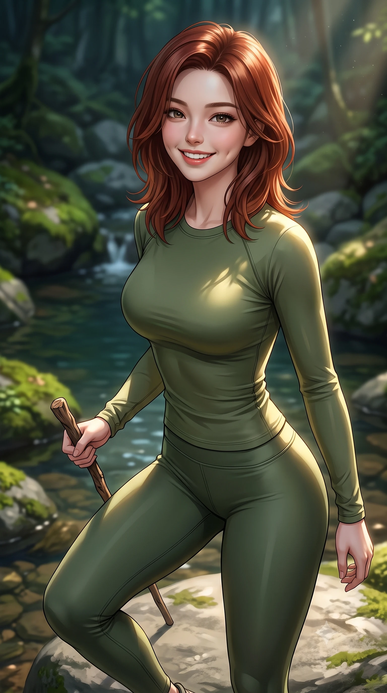 score_9, masterpiece, best quality, ultra-detailed, high-budget anime keyframe, editorial fashion photography, tasteful artistic composition, Korean woman. close-up cowboy shot from the waist and thighs up, the character dominates the composition, filling the frame with her large presence, background elements kept in soft focus. smiling with soft, captivating dimples, casting a warm yet magnetic gaze directly into the lens set against a soft-focus background of on a smooth stone next to a quiet forest creek pool surrounded by mossy rocks holding a small wooden walking stick with a bright, active smile. She has an exceptionally elegant, slender, and willowy female figure with an ultra-slim waist, a gracefully sculpted slender torso, and a refined silhouette. sharp v-shaped jawline, high-bridge nose, intricate jewel-like eyes with depth, thick eyelashes, glossy lips with a natural sheen. wearing body-hugging tight-fitting athletic long-sleeve top in olive green, paired with form-contouring leggings. cool forest shadows contrasting with warm shafts of sunbeams. ultra-reflective glossy finish, specular highlights, metallic sheen, high-contrast stereoscopic depth, volumetric dynamic lighting, 2k, ultra detail, master piece, 9:16 ratio