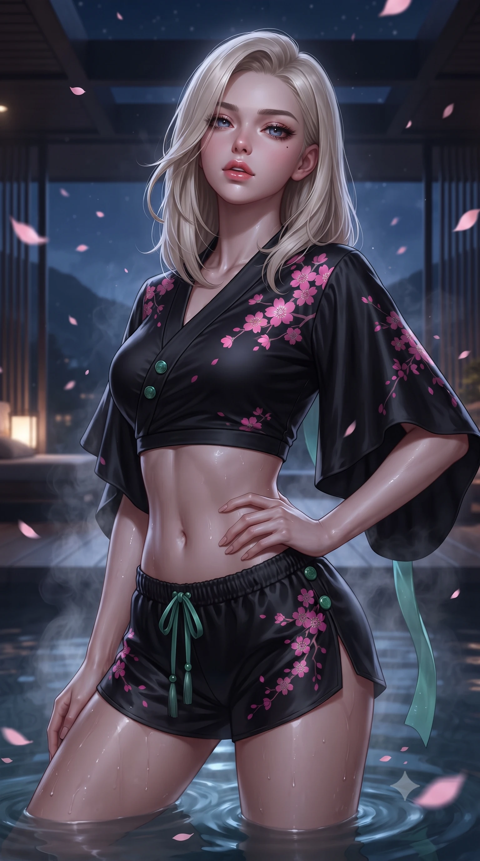 score_9, masterpiece, best quality, ultra-detailed, high-budget anime keyframe, editorial fashion photography, tasteful artistic composition, Caucasian woman. close-up cowboy shot from the waist and thighs up, the character dominates the composition, filling the frame with her large presence. tilting her chin up with proud, sovereign allure while gazing through thick eyelashes, one hand resting on her waist in pure supermodel charisma while wading through the thermal mineral pool beneath falling pink sakura petals, arching her spine in pure pleasure as steam curls around her waist. The surrounding environment is rendered in vivid detail and crisp panoramic clarity. atmospheric nocturnal thermal chiaroscuro and private mountain-view skylounge luxury in precision. She has an exceptionally elegant, slender, and willowy female figure with an ultra-slim waist, a gracefully sculpted slender torso, toned flat midriff, and rounded feminine hips creating an alluring hourglass silhouette. sharp v-shaped jawline, high-bridge nose, intricate jewel-like eyes with depth, thick eyelashes, glossy parted lips with a natural sheen, intensely captivating and seductive bedroom-eyes expression, flawlessly proportioned anatomical accuracy, strict slender model proportions, natural body alignment, perfectly sculpted long slender limbs, ultra-slim waistline, clean dynamic posture without body distortion. wearing a modern shortened cyber-yukata crop top with wide fluttering sleeves and low-slung silk swim shorts in pitch black silk with neon cherry blossom accents, made of liquid bamboo jersey adhering seamlessly to her slender frame, finished with genuine jade button closures and floating celestial silk ribbons, the glove-like aerodynamic silhouette tightly following the natural contour of her hips and long slender legs with statuesque precision. surrounded by an intimate, tranquil, and deeply sensual Japanese skylounge muse aura. ultra-reflective glossy finish, specular highlights, rich textural contrasts, high-contrast stereoscopic depth, volumetric dynamic lighting, 2k, ultra detail, master piece, 9:16 ratio