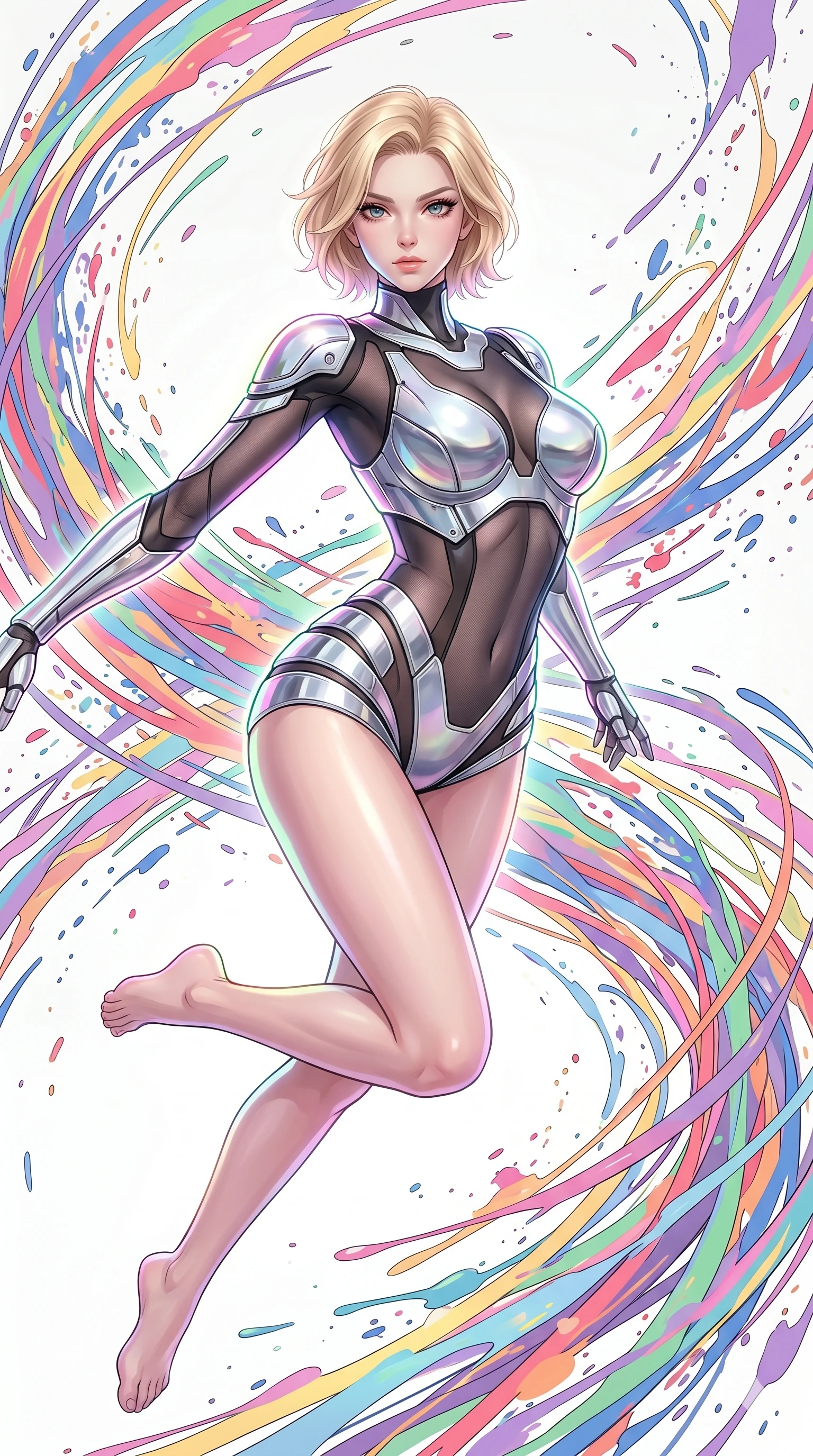 score_9, masterpiece, best quality, ultra-detailed, high-budget anime keyframe, Caucasian woman, strictly human ears. upper body close-up from the thighs up, character filling the screen for maximum presence. leaping into a vorticist paint splatter dimension where thousands of vivid acrylic paint ribbons and splatters swirl around her in a white gallery void. She has an absolutely perfect 8-heads proportion, an exceptionally tall and slender female figure with impossibly long slender legs and an ultra-slim waist. V-shaped jawline, high-bridge nose, intricate jewel-like eyes with depth, thick eyelashes, glossy lips with a natural sheen.. wearing a bionic chrome plate bodysuit, featuring silver chrome plates covering the bust and hips, connected by sheer black mesh panels. enhanced by a luminous pastel spectrum glow, casting elegant rim lights on her shoulders and jawline. 2k, ultra detail, master piece, 9:16 ratio