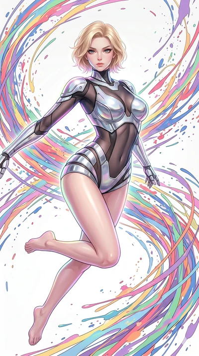 score_9, masterpiece, best quality, ultra-detailed, high-budget anime keyframe, Caucasian woman, strictly human ears. upper body close-up from the thighs up, character filling the screen for maximum presence. leaping into a vorticist paint splatter d