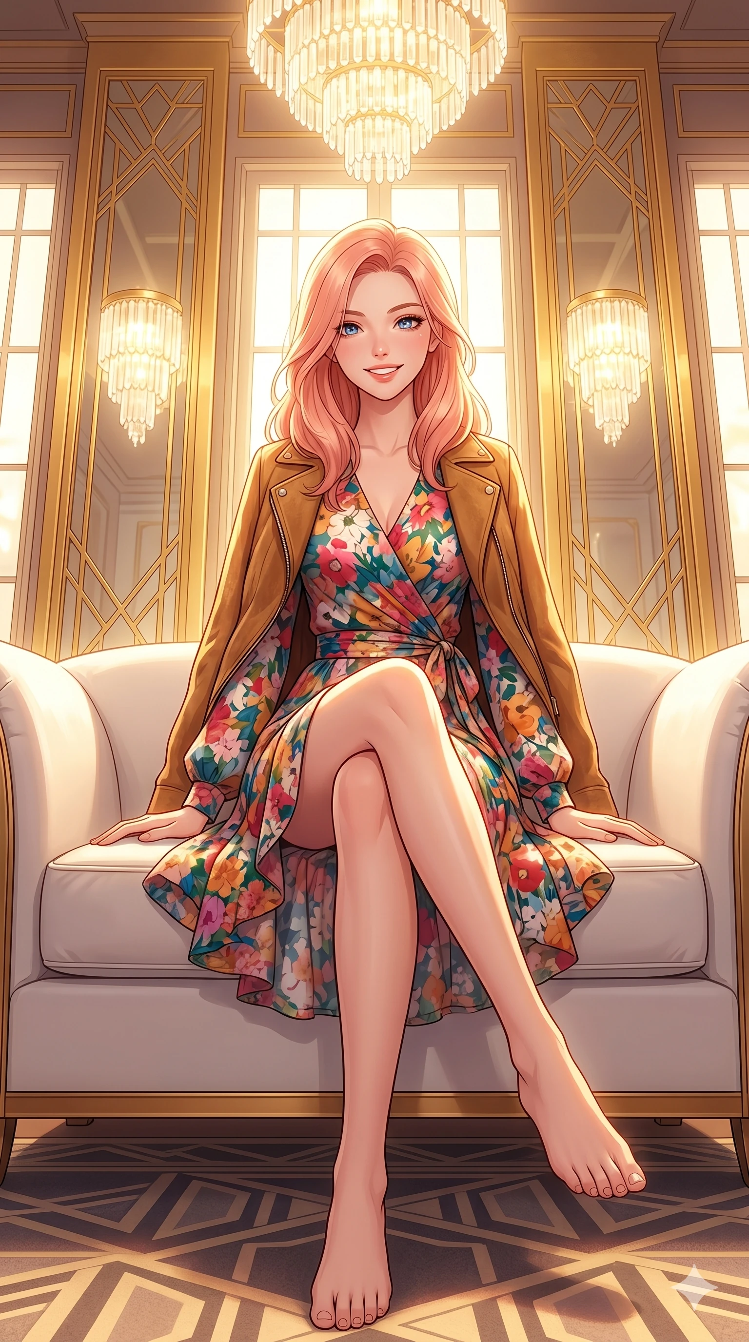 score_9, masterpiece, best quality, ultra-detailed, high-budget anime keyframe, vibrant anime aesthetic, Japanese woman. low angle full-body shot from head to toe showing her feet, filling the entire 9:16 vertical frame with her statuesque presence, stretching her vertical silhouette. She is sitting on a white sofa with a happy, radiant smile, looking directly at the viewer inside an elegant art deco theater lobby with golden mirrors and bright crystal chandeliers (Code-P21-008). She has an absolutely perfect 8-heads proportion, an exceptionally tall and slender female figure with impossibly long slender legs and an ultra-slim waist. V-shaped jawline, high-bridge nose, intricate jewel-like eyes with depth, thick eyelashes, glossy lips with a natural sheen. wearing a floral print wrap dress with long sleeves and a suede jacket. She is bathed in a luminous, warm sunshine highlighting her winter silhouette and features. 2k, ultra detail, master piece, 9:16 ratio