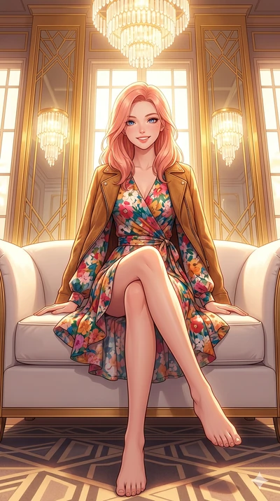 score_9, masterpiece, best quality, ultra-detailed, high-budget anime keyframe, vibrant anime aesthetic, Japanese woman. low angle full-body shot from head to toe showing her feet, filling the entire 9:16 vertical frame with her statuesque presence, 