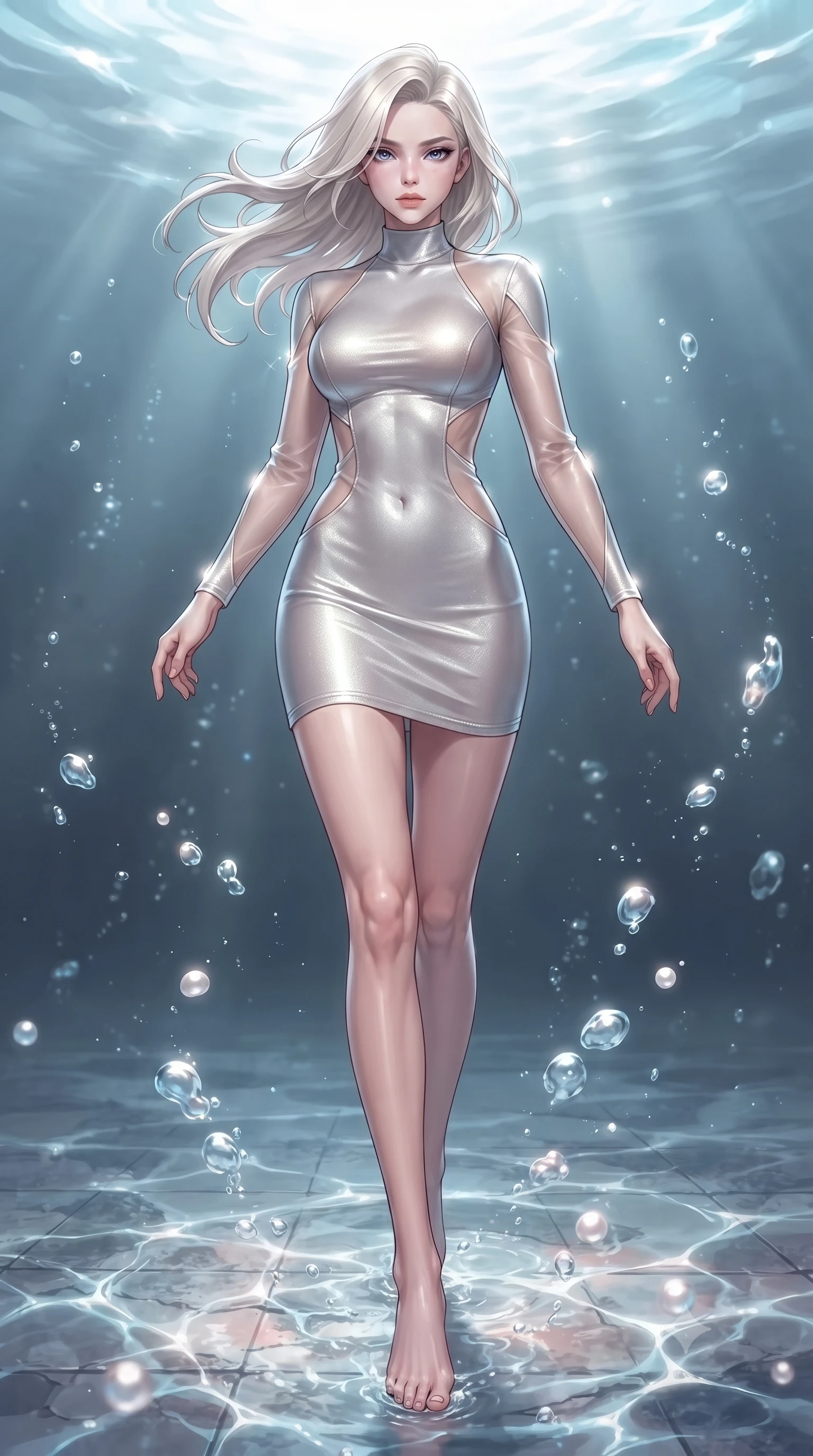score_9, masterpiece, best quality, ultra-detailed, high-budget anime keyframe, editorial fashion photography, tasteful artistic composition, Caucasian woman. low angle full-body shot from head to toe showing her feet, filling the entire 9:16 vertical frame with her statuesque presence, stretching her vertical silhouette. forging dynamically through the scene, her vertical silhouette beautifully stretched gliding over a mosaic marble floor illuminated by caustic water ripples, rising bioluminescent bubbles casting soft pearl-like highlights. She has an absolutely perfect, statuesque 8.5-heads proportion, an exceptionally tall and slender model-like female figure with impossibly long slender legs and an ultra-slim waist. sharp v-shaped jawline, high-bridge nose, intricate jewel-like eyes with depth, thick eyelashes, glossy lips with a natural sheen. wearing a sleek bodycon knit dress with strategic sheer organza sleeve panels and a tight waist, the tailored fabric tightly following every curve of her athletic build. surrounded by a shimmering ocean aura with bright pearl-white rim lights. ultra-reflective glossy finish, specular highlights, metallic sheen, high-contrast stereoscopic depth, volumetric dynamic lighting, 2k, ultra detail, master piece, 9:16 ratio