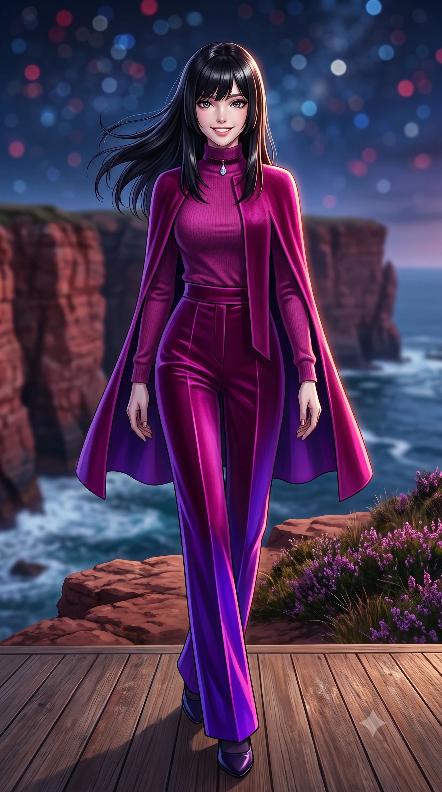 score_9, masterpiece, best quality, ultra-detailed, high-budget anime keyframe, semi-realistic 3D game render, editorial fashion photography, tasteful artistic composition, Caucasian woman. low angle full-body shot from head to toe showing her feet, filling the entire 9:16 vertical frame with her statuesque presence, stretching her vertical silhouette. stepping forward in a confident stride, her long slender legs and curvaceous hips creating a dynamic, sweeping vertical line while standing poised on the weathered teak deck at the edge of the wild red sandstone cliff, arching her spine with high-fashion ease as nocturnal ocean winds whip her gown. The background shows a soft-focus towering sea cliffs of red sandstone plunging into foaming Atlantic waters, wild coastal heather moorland, and starry sky blurred into crimson, sapphire, and diamond bokeh. She has an exceptionally tall and slender model-like 8.5-heads proportion, an ultra-slim waist, a flat toned midriff, narrow delicate ribcage, and beautifully sculpted feminine hips creating a graceful, slim hourglass silhouette without any bulky heaviness, with impossibly long slender legs. sharp v-shaped jawline, high-bridge nose, intricate jewel-like sparkling eyes with depth, thick eyelashes, glossy parted lips with a natural peach sheen, bright cheerful beaming smile with an enchanting and coquettish sensual glint, exuding both youthful cute charm and seductive allure, flawlessly proportioned anatomical accuracy, strict slender model proportions, natural body alignment, perfectly sculpted long slender limbs, ultra-slim waistline, clean dynamic posture without body distortion. wearing a bespoke high-neck cashmere knit cape coat paired with tailored wide-leg wool trousers in Supertree bioluminescent magenta and electric violet, tailored from ultra-plush silk velvet with rich tactile depth and deep shadow gradients, finished with a thin velvet ribbon choker and a single teardrop diamond pendant, the impeccably tailored cut draping gracefully along her slender figure with aristocratic poise. illuminated by deck wood reflection bounce and sharp copper-gold rim lights sculpting her jawline, narrow waist, and curvy hips. highly saturated vibrant anime colors, detailed shading with soft gradients, rich glossy textures, high-contrast stereoscopic depth, volumetric dynamic lighting, master piece, 9:16 ratio