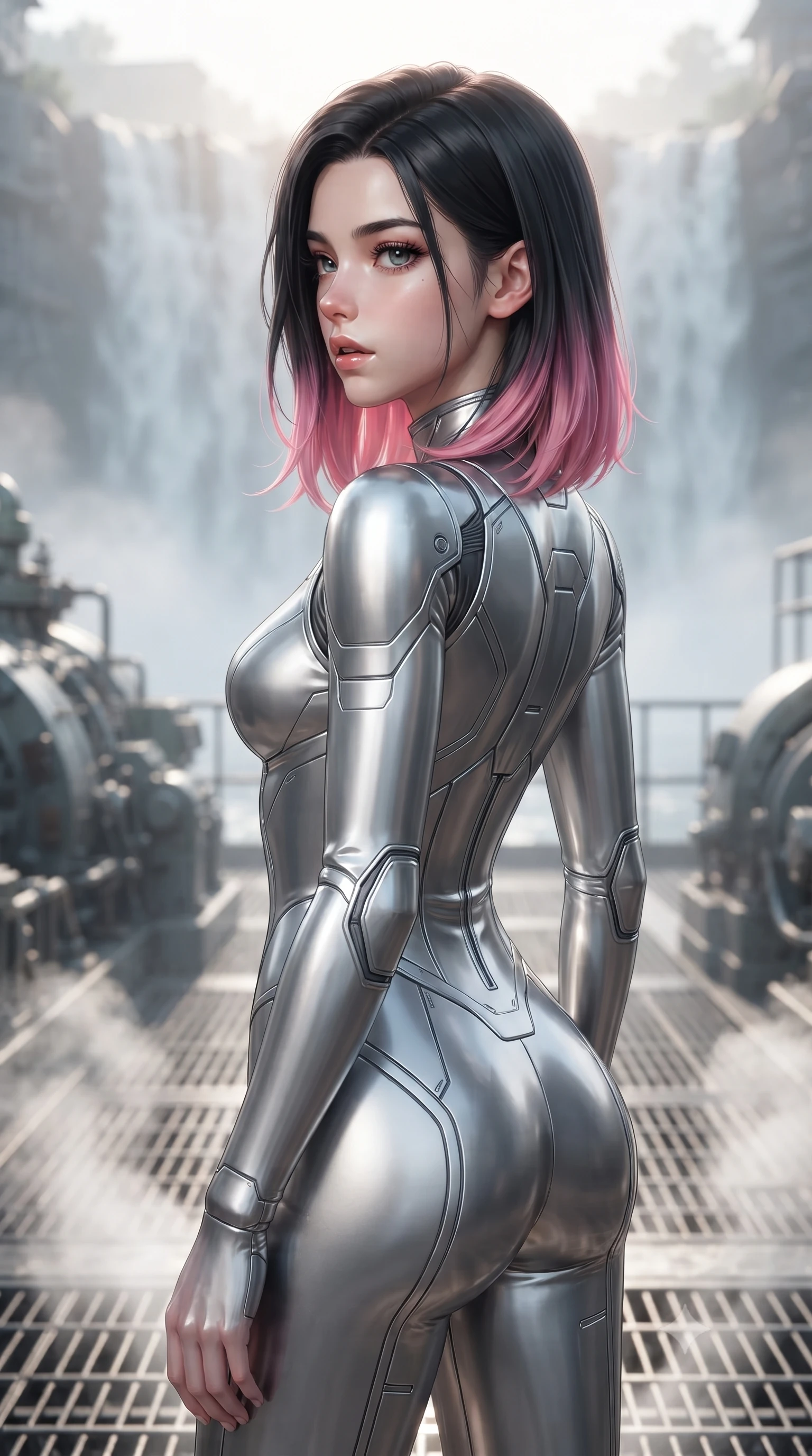 score_9, masterpiece, best quality, ultra-detailed, high-budget anime keyframe, editorial fashion photography, tasteful artistic composition, Korean woman. close-up cowboy shot from the waist and thighs up, the character dominates the composition, filling the frame with her large presence, background elements kept in soft focus. turning her face in profile to look over her shoulder, casting a smoldering side gaze with lips slightly parted, the background shows a soft-focus a steam turbine deck facing a misty waterfall of industrial cooling water. She has an exceptionally elegant, slender, and willowy female figure with an ultra-slim waist, a gracefully sculpted slender torso, and a refined silhouette. sharp v-shaped jawline, high-bridge nose, intricate jewel-like eyes with depth, thick eyelashes, glossy lips with a natural sheen. wearing a form-contouring form-contouring liquid silver space flight under-suit, contouring her athletic, slender build. soft morning mist diffusing the sunlight, creating a tranquil, cozy wash. ultra-reflective glossy finish, specular highlights, metallic sheen, high-contrast stereoscopic depth, volumetric dynamic lighting, 2k, ultra detail, master piece, 9:16 ratio