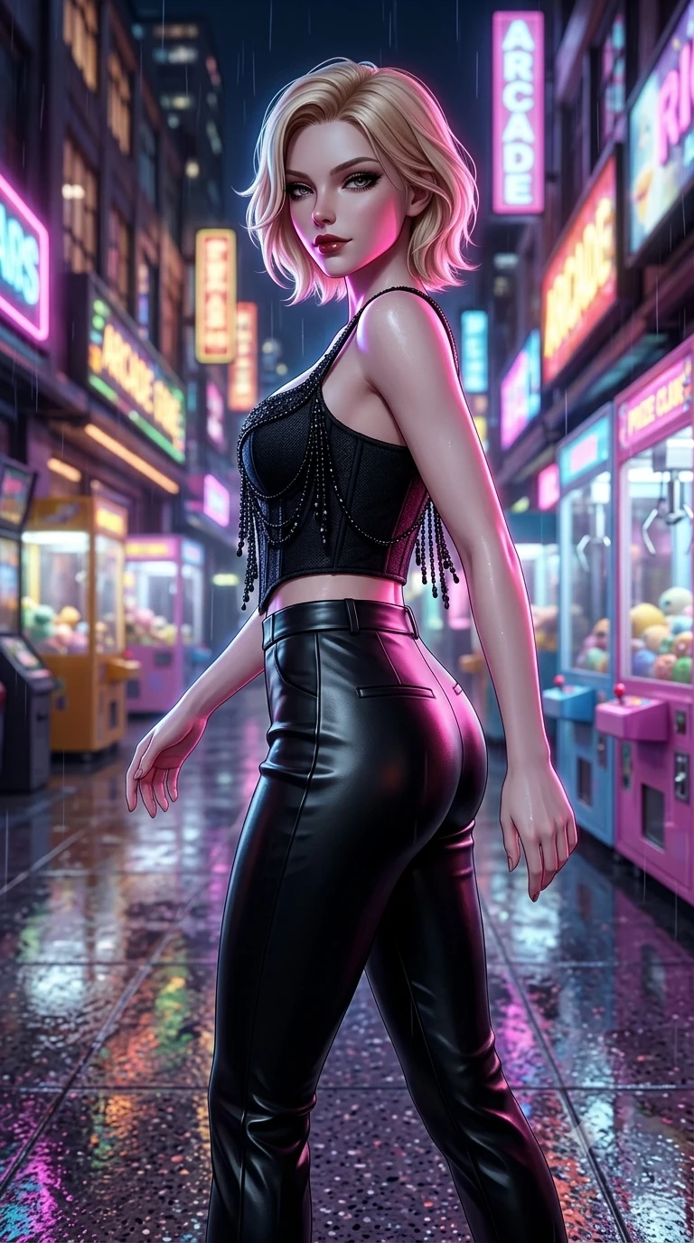 score_9, masterpiece, best quality, ultra-detailed, high-budget anime keyframe, semi-realistic 3D game render, editorial fashion photography, tasteful artistic composition, Caucasian woman. close-up cowboy shot from the waist and thighs up, the character dominates the composition, filling the frame with her large presence. twisting her slender torso in a deep contrapposto stance, hips dramatically shifted to accentuate her feminine curves while looking past her shoulder with smoldering bedroom-eyes while stepping forward into the vibrant arcade spillway, her long slender legs and curvy hourglass hips commanding the frame. The background shows a soft-focus multi-story neon arcade facades, glowing claw machine prize cases, and streaking rain reflections blurred into rainbow neon bokeh. She has an exceptionally elegant, slender, and willowy female figure with an ultra-slim waist, flat toned midriff, narrow ribcage, and sculpted feminine hips creating an alluring, slim hourglass silhouette without bulk. sharp v-shaped jawline, high-bridge nose, intricate jewel-like dark sparkling eyes with dangerous depth, thick curled eyelashes, glossy parted lips with a rich wine sheen, smoldering seductive half-smile with bedroom-eyes, exuding effortless superiority and intoxicating dark allure, flawlessly proportioned anatomical accuracy, strict slender model proportions, natural body alignment, perfectly sculpted long slender limbs, ultra-slim waistline, clean dynamic posture without body distortion. wearing a cropped structured bodice top paired with ultra-fitted high-waisted leather trousers tracing her hips in celestial champagne ivory and high-gloss jet black, woven from bespoke high-density barathea wool with refined ceremonial hold, accented with fine jet-black beaded tassels that sway with each movement, the impeccably tailored cut draping gracefully along her slender figure with aristocratic noir poise. illuminated by wet terrazzo floor bounce and sharp neon-pink rim lights defining her razor-sharp jawline, narrow waist, and curvy hips. highly saturated vibrant anime colors, detailed shading with soft gradients, rich glossy textures, high-contrast stereoscopic depth, volumetric dynamic lighting, master piece, 9:16 ratio