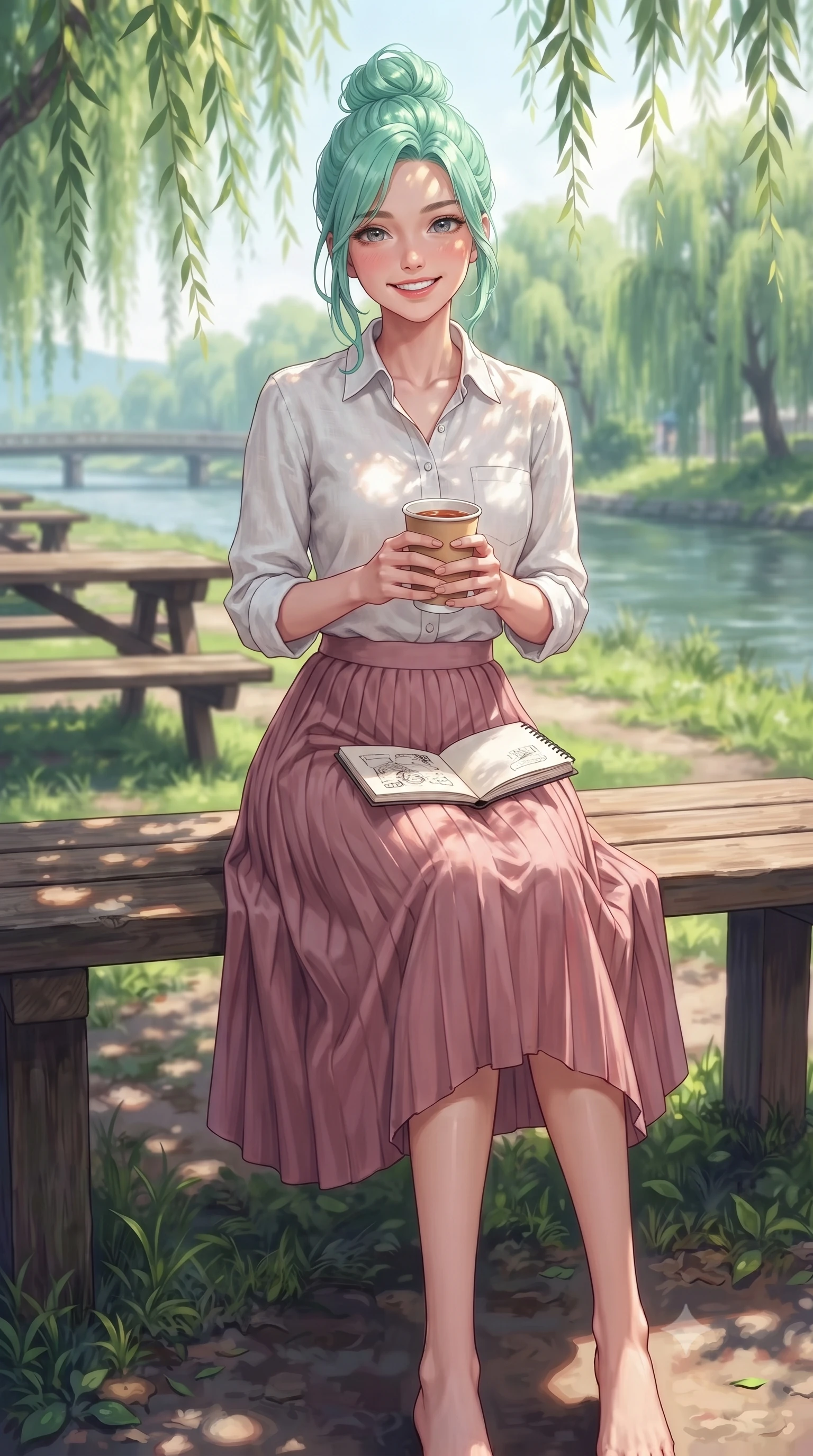 score_9, masterpiece, best quality, ultra-detailed, high-budget anime keyframe, editorial fashion photography, tasteful artistic composition, Japanese woman. low angle full-body shot from head to toe showing her feet, filling the entire 9:16 vertical frame with her statuesque presence, stretching her vertical silhouette. standing with a cute, bright pose, tilting her head with a beaming smile set against a soft-focus background of at a riverside picnic area with wooden tables under weeping willow trees with a paper cup of warm tea and a small sketchbook on her lap. She has an absolutely perfect, statuesque 8.5-heads proportion, an exceptionally tall and slender model-like female figure with impossibly long slender legs and an ultra-slim waist. sharp v-shaped jawline, high-bridge nose, intricate jewel-like eyes with depth, thick eyelashes, glossy lips with a natural sheen. wearing slim-fit casual linen button-down shirt in white, paired with a flowy pleated skirt in dusty pink. dappled sunlight filtering through the weeping willow leaves onto her face. highly saturated vibrant anime colors, detailed shading with soft gradients, rich glossy textures, high-contrast stereoscopic depth, volumetric dynamic lighting, master piece, 9:16 ratio