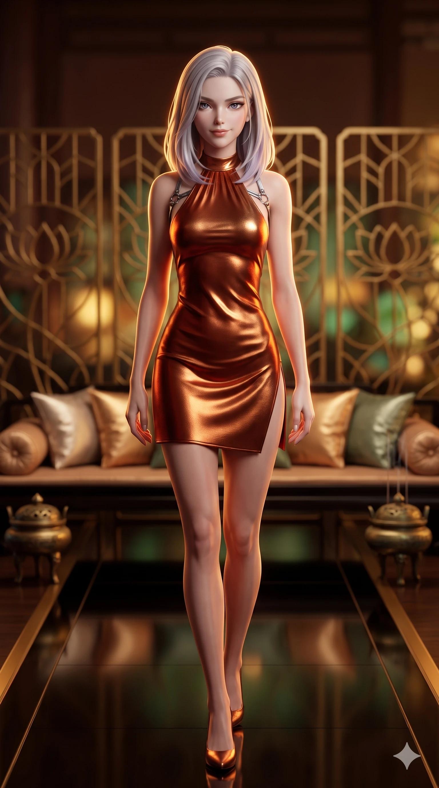 score_9, masterpiece, best quality, ultra-detailed, high-budget anime keyframe, semi-realistic 3D game render, editorial fashion photography, tasteful artistic composition, Caucasian woman. close-up cowboy shot from the waist and thighs up, the character dominates the composition, filling the frame with her large presence. tilting her head with a teasing half-smile, running one hand slowly down the side of her hip in a flirtatious S-curve as ambient light caresses her silhouette while walking slowly down the polished black lacquer salon aisle with hypnotic grace, hips swaying in an alluring sensual rhythm that accentuates her curvy hourglass silhouette. The background shows a soft-focus towering geometric brass screens with lotus motifs, embroidered raw-silk divan cushions, and antique bronze incense burners blurred into bronze, gold, and jade bokeh. She has an exceptionally elegant, slender, and willowy female figure with an ultra-slim waist, flat toned midriff, narrow ribcage, and sculpted feminine hips creating an alluring, slim hourglass silhouette without bulk. sharp v-shaped jawline, high-bridge nose, intricate jewel-like sparkling eyes with depth, thick eyelashes, glossy parted lips with a natural sheen, intensely captivating and seductive bedroom-eyes expression, exuding both youthful cute charm and sovereign luxury allure, flawlessly proportioned anatomical accuracy, strict slender model proportions, natural body alignment, perfectly sculpted long slender limbs, ultra-slim waistline, clean dynamic posture without body distortion. wearing an alluring backless metallic lamé halterneck mini dress with deep scoop back down to her lower spine and thigh-high slit in imperial vermilion silk and warm bronze, crafted from luxurious metallic lamé that shifts radiance with every step, accented with a chrome-drop body harness subtly framing her dewy collarbones and spine, the form-contouring cut accentuating her sculpted flat midriff, narrow delicate ribcage, and gracefully curvy hips with intoxicating allure. illuminated by black lacquer floor reflections and sharp gold-amber rim lights sculpting her razor-sharp jawline, narrow waist, and curvy hips. highly saturated vibrant anime colors, detailed shading with soft gradients, rich glossy textures, high-contrast stereoscopic depth, volumetric dynamic lighting, master piece, 9:16 ratio