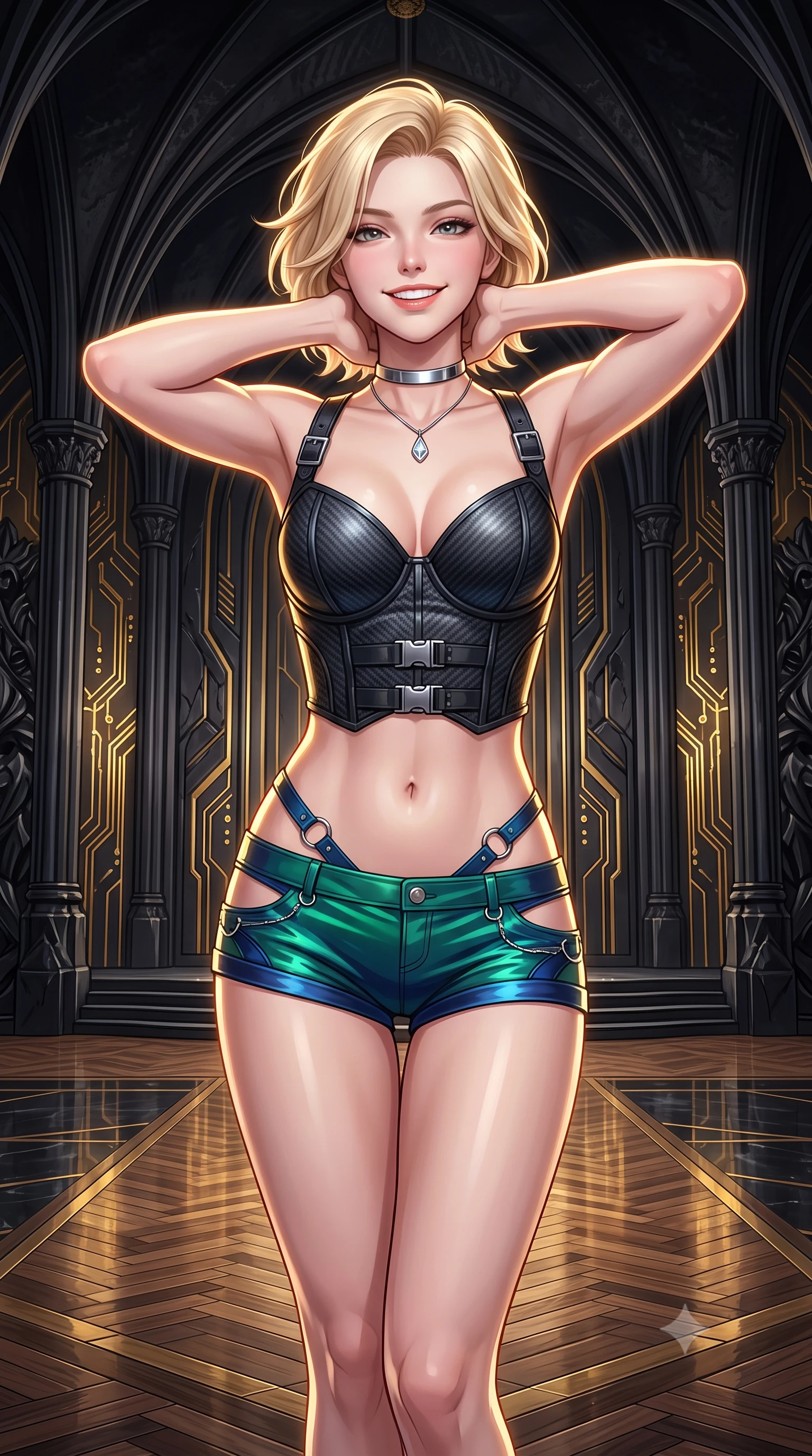 score_9, masterpiece, best quality, ultra-detailed, high-budget anime keyframe, semi-realistic 3D game render, editorial fashion photography, tasteful artistic composition, Caucasian woman. close-up cowboy shot from the waist and thighs up, the character dominates the composition, filling the frame with her large presence. resting both hands lightly behind her neck with elbows raised, arching her spine to highlight her narrow waist, flat midriff, and breathtaking collarbones while standing poised at the center of the monumental gothic-sci-fi throne room beneath soaring obsidian rib vaults, arching her lower back with sovereign diva charisma. The surrounding environment is rendered in vivid detail and crisp panoramic clarity: sharp hand-carved black obsidian relief carvings, pulsing gold micro-circuitry inlays, and polished stage parquet reflections in deep focus. She has an exceptionally elegant, slender, and willowy female figure with an ultra-slim waist, flat toned midriff, narrow ribcage, and sculpted feminine hips creating an alluring, slim hourglass silhouette without bulk. sharp v-shaped jawline, high-bridge nose, intricate jewel-like sparkling eyes with depth, thick eyelashes, glossy parted lips with a natural peach sheen, bright cheerful beaming smile with an enchanting and coquettish sensual glint, exuding both youthful cute charm and seductive allure, flawlessly proportioned anatomical accuracy, strict slender model proportions, natural body alignment, perfectly sculpted long slender limbs, ultra-slim waistline, clean dynamic posture without body distortion. wearing a sculpted carbon-fiber underwire crop corset with tactical buckle straps paired with low-rise micro shorts in bioluminescent emerald and abyssal sapphire, adorned with delicate chrome ring hardware and cutouts along her slender waist, finished with a minimalist chrome choker and a single teardrop diamond pendant, the impeccably tailored cut draping gracefully along her slender figure with aristocratic poise. illuminated by polished parquet reflection bounce and sharp gold-plasma rim lights sculpting her jawline, narrow waist, and curvy hips. highly saturated vibrant anime colors, detailed shading with soft gradients, rich glossy textures, high-contrast stereoscopic depth, volumetric dynamic lighting, master piece, 9:16 ratio