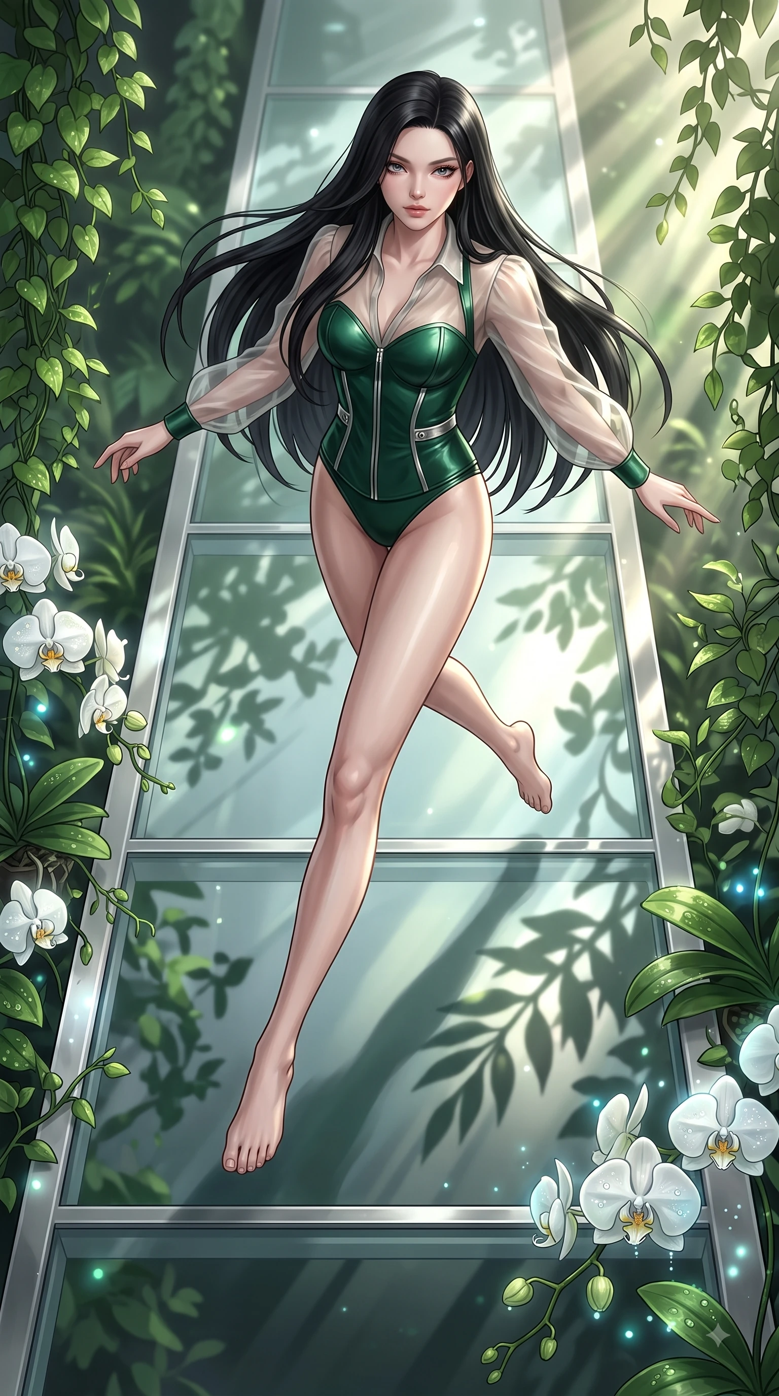 score_9, masterpiece, best quality, ultra-detailed, high-budget anime keyframe, editorial fashion photography, tasteful artistic composition, Korean woman. low angle full-body shot from head to toe showing her feet, filling the entire 9:16 vertical frame with her statuesque presence, stretching her vertical silhouette. leaping gracefully through mid-air with statuesque elegance, her impossibly long slender legs stretched in perfect balance while walking along a platinum-framed glass walkway flanked by lush green vines and white orchids, dewdrops on bioluminescent leaves reflecting vibrant emerald and gold highlights. She has an absolutely perfect, statuesque 8.5-heads proportion, an exceptionally tall and slender model-like female figure with impossibly long slender legs and an ultra-slim waist. sharp v-shaped jawline, high-bridge nose, intricate jewel-like eyes with depth, thick eyelashes, glossy lips with a natural sheen, flawlessly proportioned anatomical accuracy, natural body alignment, perfectly sculpted elegant limbs, clean dynamic posture without body distortion. wearing a tailored leather bustier over a sheer silk chiffon blouse in deep emerald green and silver accent, woven from fine semi-opaque sheer organza, complemented by criss-cross back straps highlighting her bare shoulders, the sleek second-skin texture accentuating her magnetic presence. illuminated by brilliant sunbeams casting organic leaf stencil shadows. ultra-reflective glossy finish, specular highlights, metallic sheen, high-contrast stereoscopic depth, volumetric dynamic lighting, 2k, ultra detail, master piece, 9:16 ratio
