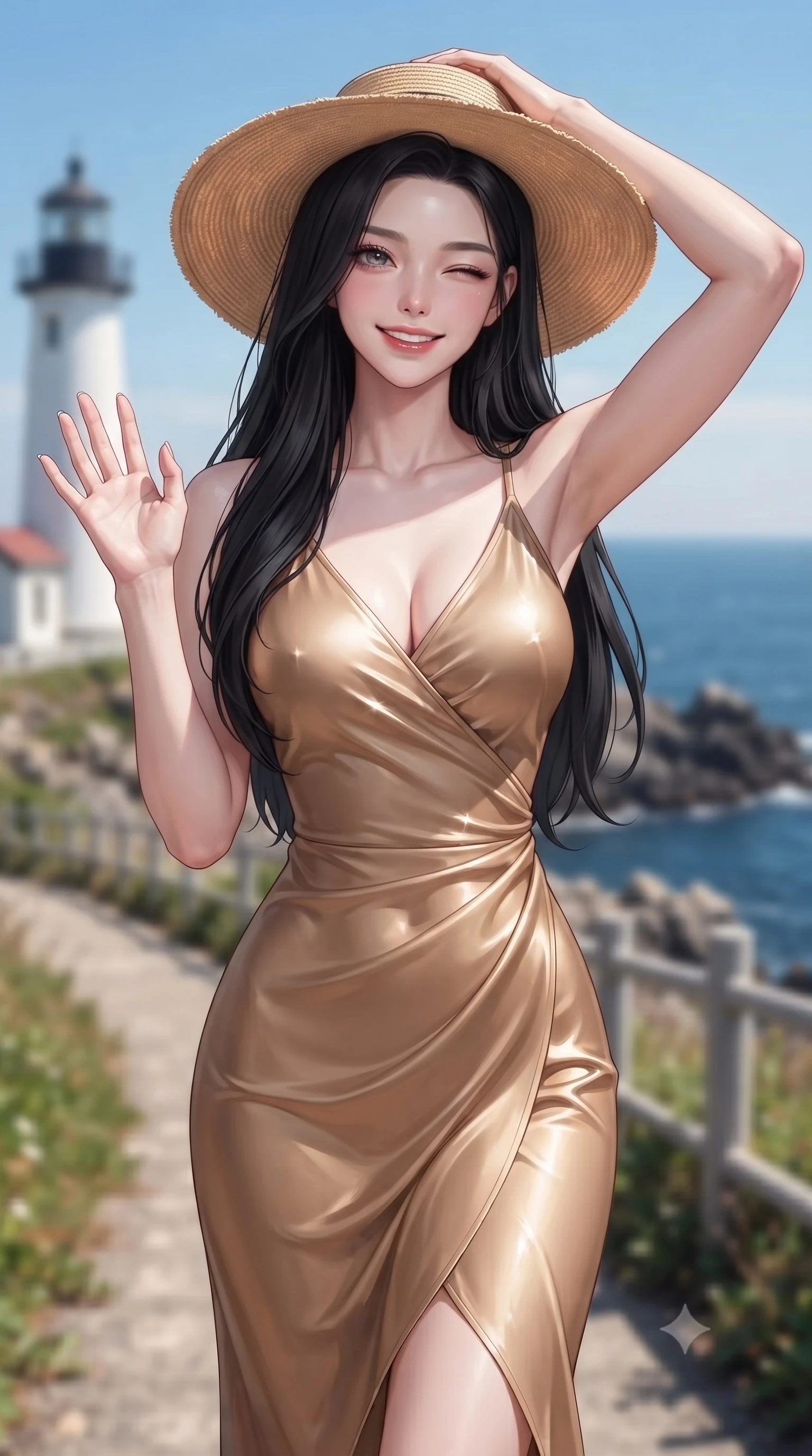 score_9, masterpiece, best quality, ultra-detailed, high-budget anime keyframe, editorial fashion photography, tasteful artistic composition, Korean woman. close-up cowboy shot from the waist and thighs up, the character dominates the composition, filling the frame with her large presence, background elements kept in soft focus. flashing a sweet, beaming smile while waving one hand gently toward the camera set against a soft-focus background of at a coastal lighthouse park path overlooking the deep blue sea holding a wide-brimmed straw hat to her head with a playful wink. She has an exceptionally elegant, slender, and willowy female figure with an ultra-slim waist, a gracefully sculpted slender torso, and a refined silhouette. sharp v-shaped jawline, high-bridge nose, intricate jewel-like eyes with depth, thick eyelashes, glossy lips with a natural sheen. wearing slim-fit form-contouring silk wrap dress in camel, outlining her slender waist. cool morning daylight creating a fresh, energetic seaside atmosphere. ultra-reflective glossy finish, specular highlights, metallic sheen, high-contrast stereoscopic depth, volumetric dynamic lighting, 2k, ultra detail, master piece, 9:16 ratio