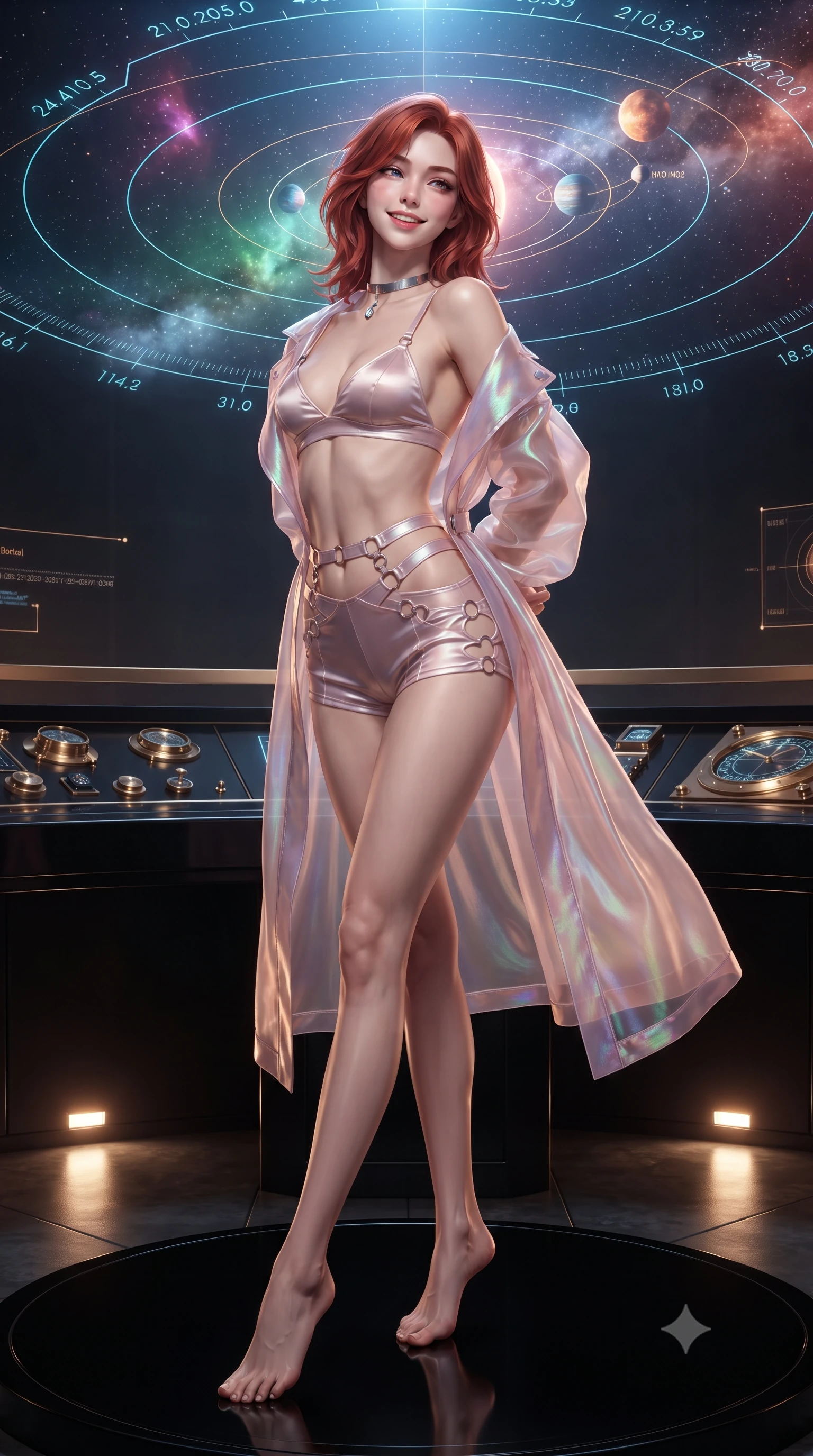 score_9, masterpiece, best quality, ultra-detailed, high-budget anime keyframe, editorial fashion photography, tasteful artistic composition, Korean woman. low angle full-body shot from head to toe showing her feet, filling the entire 9:16 vertical frame with her statuesque presence, stretching her vertical silhouette. posing in a classic haute-couture S-curve stance beside the floor-to-ceiling window, looking over a bare shoulder with magnetic presence while standing poised at the center of the circular black obsidian war-room beneath a monumental 3D holographic star system map, arching her lower back with sovereign supermodel grace. The surrounding environment is rendered in vivid detail and crisp panoramic clarity: sharp circular black obsidian dais reflections, polished brass tactical dials, and crisp holographic orbital coordinate text in deep focus. She has an exceptionally tall and slender model-like 8.5-heads proportion, an ultra-slim waist, a flat toned midriff, narrow delicate ribcage, and beautifully sculpted feminine hips creating a graceful, slim hourglass silhouette without any bulky heaviness, with impossibly long slender legs. sharp v-shaped jawline, high-bridge nose, intricate jewel-like sparkling eyes with depth, thick eyelashes, glossy parted lips with a natural peach sheen, bright cheerful beaming smile with an enchanting and coquettish sensual glint, exuding both youthful cute charm and seductive allure, flawlessly proportioned anatomical accuracy, strict slender model proportions, natural body alignment, perfectly sculpted long slender limbs, ultra-slim waistline, clean dynamic posture without body distortion. wearing a translucent iridescent organza tactical robe slipping off bare shoulders over a matching satin micro-bralette and combat shorts in Solaris liquid rose-quartz and alien peach, adorned with delicate chrome ring hardware and cutouts along her slender waist, finished with a minimalist chrome choker and a single teardrop diamond pendant, the bespoke structured tailoring following the natural line of her 8.5-heads silhouette with refined elegance. bathed in the multi-colored celestial glow of the rotating holographic star system contrasted with subtle floor-level warm lights. ultra-reflective glossy finish, specular highlights, rich textural contrasts, high-contrast stereoscopic depth, volumetric dynamic lighting, 2k, ultra detail, master piece, 9:16 ratio
