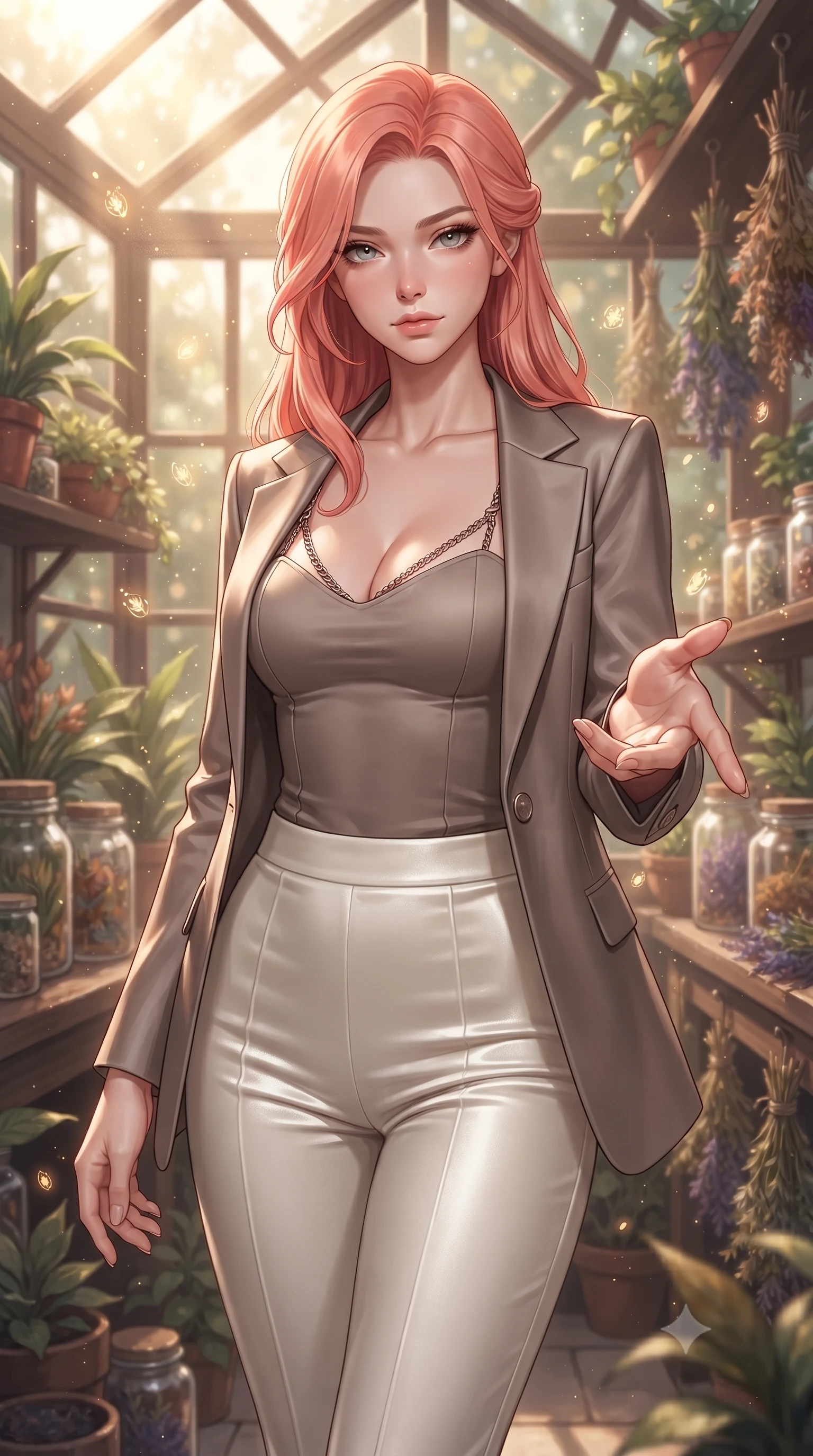 score_9, masterpiece, best quality, ultra-detailed, high-budget anime keyframe, editorial fashion photography, tasteful artistic composition, Japanese woman. close-up cowboy shot from the waist and thighs up, the character dominates the composition, filling the frame with her large presence, background elements kept in soft focus. Reaching one hand gracefully toward the viewer with effortless superiority and allure standing in a sunlit apothecary greenhouse filled with floating magical herbs, glowing herbal spores drifting in magical sunbeams filtering through glass. She has an exceptionally elegant, slender, and willowy female figure with an ultra-slim waist, a gracefully sculpted slender torso, and a refined silhouette. sharp v-shaped jawline, high-bridge nose, intricate jewel-like eyes with depth, thick eyelashes, glossy lips with a natural sheen. wearing a tailored silk blazer over a form-contouring top and fitted slacks in muted taupe and soft ivory, made of premium stretch velvet with a rich sheen, adorned with delicate metallic chain straps along the neckline, the form-contouring material highlighting her ultra-slim waist and long lines. surrounded by a cozy, magical atmosphere with rich warm tones. ultra-reflective glossy finish, specular highlights, metallic sheen, high-contrast stereoscopic depth, volumetric dynamic lighting, 2k, ultra detail, master piece, 9:16 ratio