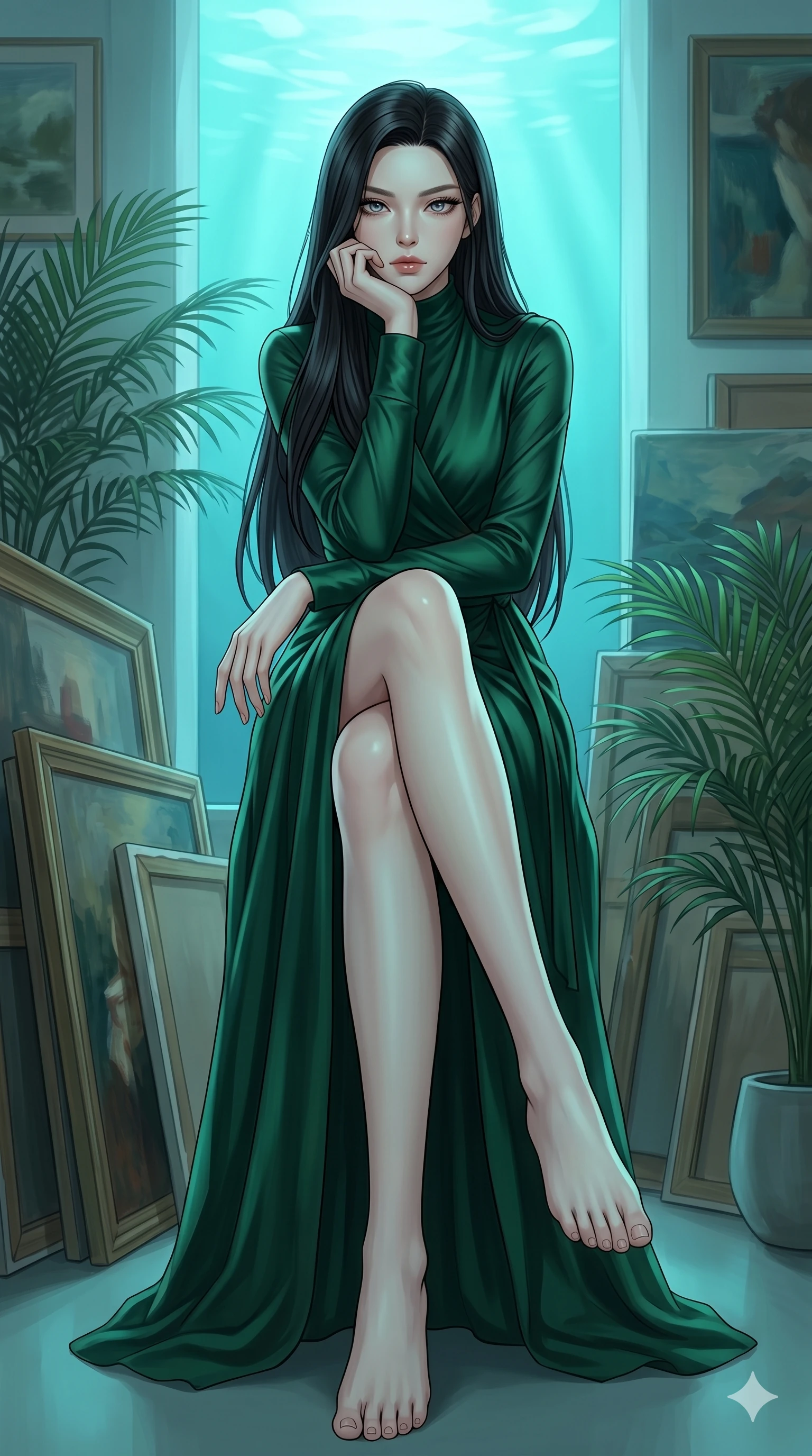 score_9, masterpiece, best quality, ultra-detailed, high-budget anime keyframe, editorial fashion photography, tasteful artistic composition, Korean woman. low angle full-body shot from head to toe showing her feet, filling the entire 9:16 vertical frame with her statuesque presence, stretching her vertical silhouette. resting her chin on her hand, looking directly at the camera with a confident, piercing gaze inside a quiet art atelier filled with oil paintings and potted palms (Code-P18-026). She has an absolutely perfect 8-heads proportion, an exceptionally tall and slender female figure with impossibly long slender legs and an ultra-slim waist. V-shaped jawline, high-bridge nose, intricate jewel-like eyes with depth, thick eyelashes, glossy lips with a natural sheen. wearing a long-sleeved high-neck wrap dress in dark emerald green silk. soft aqua bioluminescent light reflecting from the ocean depth, making her skin glow. 2k, ultra detail, master piece, 9:16 ratio