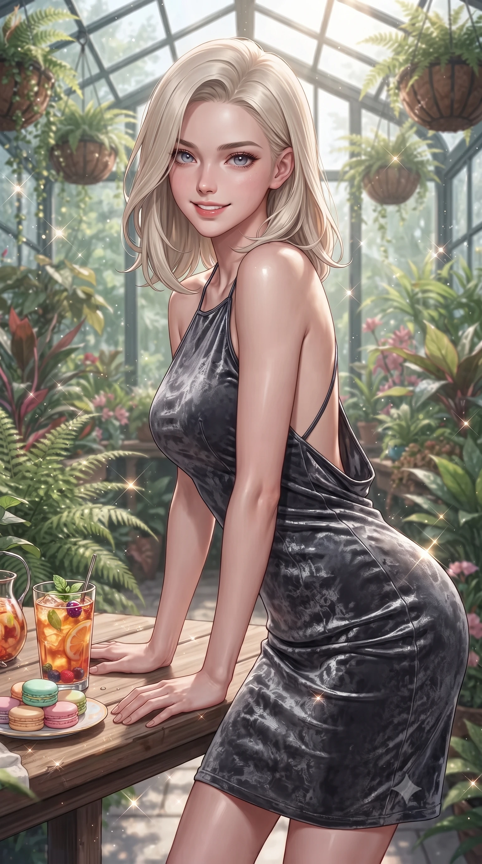 score_9, masterpiece, best quality, ultra-detailed, high-budget anime keyframe, editorial fashion photography, tasteful artistic composition, Caucasian woman. close-up cowboy shot from the waist and thighs up, the character dominates the composition, filling the frame with her large presence, background elements kept in soft focus. leaning slightly forward over the table with a playful, magnetic smile that locks direct eye contact set against a soft-focus background of inside an exclusive botanical greenhouse with a glass of iced fruit tea and delicate macaron pastries arranged on the table. She has an exceptionally elegant, slender, and willowy female figure with an ultra-slim waist, a gracefully sculpted slender torso, and a refined silhouette. sharp v-shaped jawline, high-bridge nose, intricate jewel-like eyes with depth, thick eyelashes, glossy lips with a natural sheen. wearing form-contouring charcoal crushed velvet backless linen halter dress featuring delicate straps and a draped open-back design featuring refined tailored seams. lit by crisp morning sun rays creating sparkling glints on polished glass and water. ultra-reflective glossy finish, specular highlights, metallic sheen, high-contrast stereoscopic depth, volumetric dynamic lighting, 2k, ultra detail, master piece, 9:16 ratio