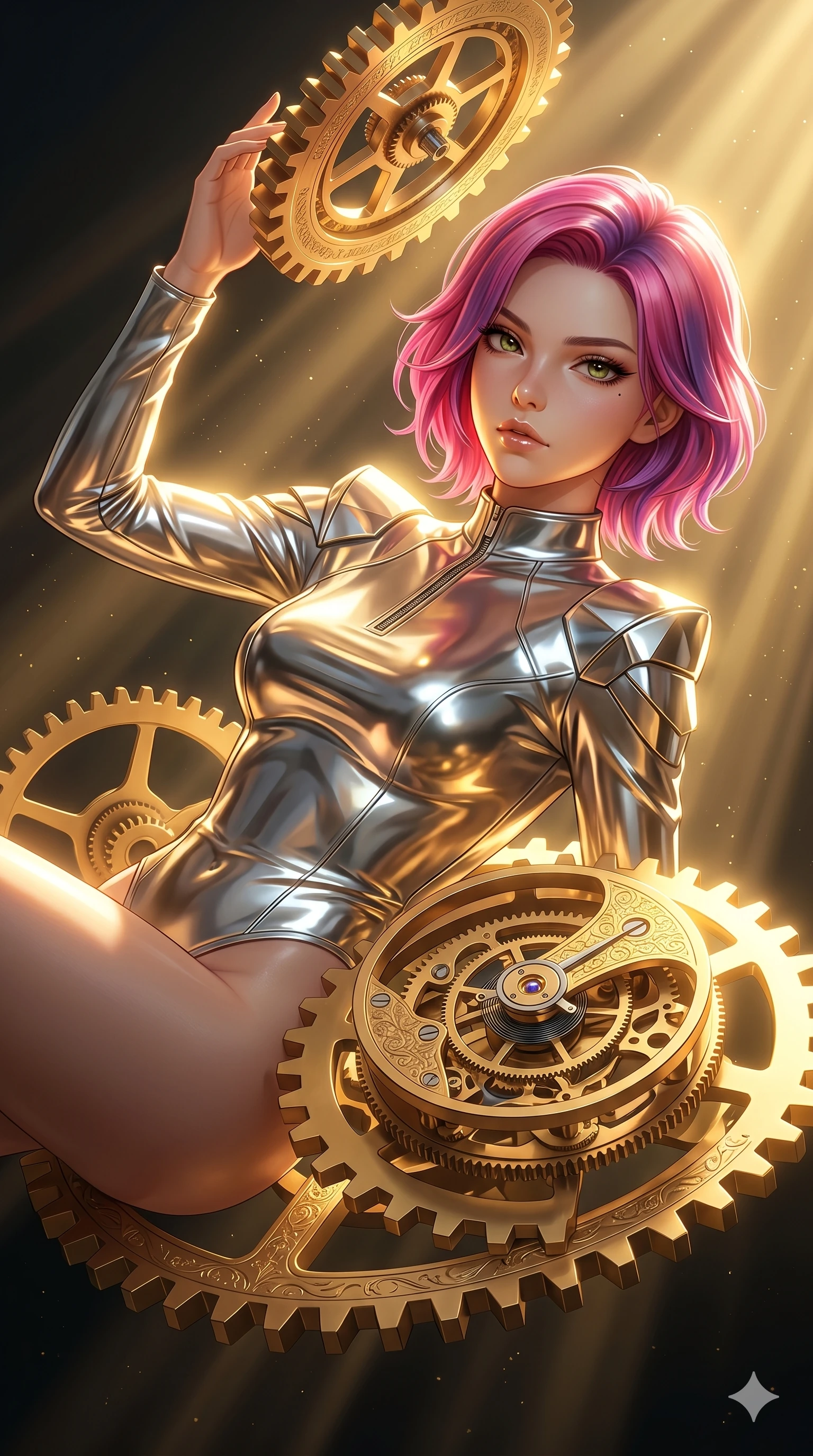 score_9, masterpiece, best quality, ultra-detailed, high-budget anime keyframe, editorial fashion photography, tasteful artistic composition, Caucasian woman, strictly human ears. Upper body close-up from the thighs up, character filling the screen for maximum presence. She is intertwined with massive floating gold gears and clockwork mechanisms suspended in a void. She leans back gracefully, looking at the camera with a dreamy, captivating gaze. She has an absolutely perfect 8-heads proportion, a tall and elegant figure with a refined silhouette and a defined waistline. V-shaped jawline, high-bridge nose, intricate jewel-like eyes with depth, thick eyelashes, glossy lips with a natural sheen. She is wearing a sleek tailored top in liquid-chrome finish that complements her silhouette, styled with sophisticated architectural shoulder accents and a modern zip collar. The scene is illuminated by warm, blindingly bright golden spotlights and sharp volumetric light rays. 2k, ultra detail, master piece, 9:16 ratio