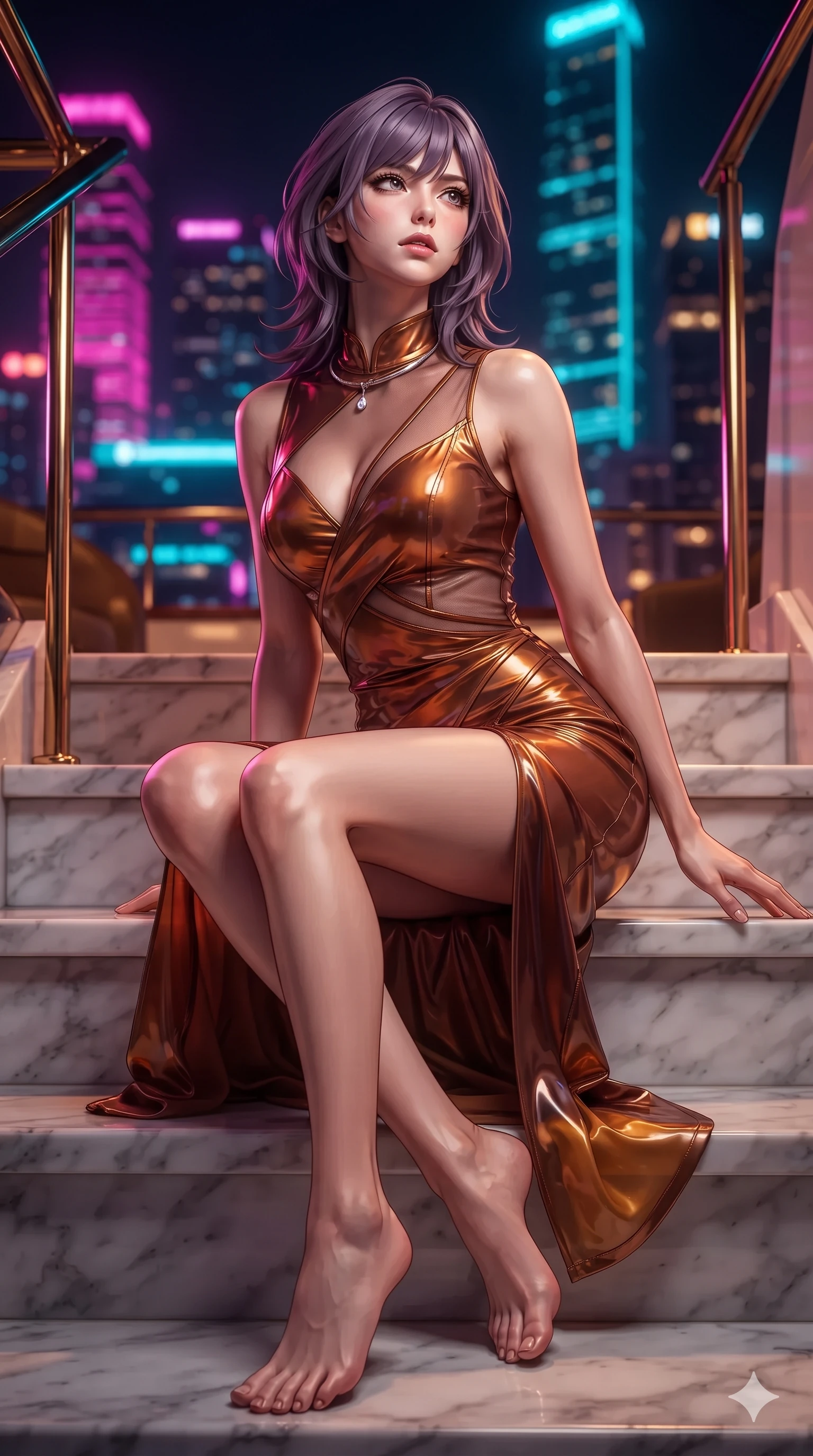 score_9, masterpiece, best quality, ultra-detailed, high-budget anime keyframe, editorial fashion photography, tasteful artistic composition, Japanese woman. low angle full-body shot from head to toe showing her feet, filling the entire 9:16 vertical frame with her statuesque presence, stretching her vertical silhouette. sitting poised on the Carrara marble steps with one knee bent, arching her spine with supermodel elegance as she glances upward through thick eyelashes while twisting her slender torso in a deep contrapposto stance, hips dramatically shifted to accentuate her feminine curves while looking past her shoulder with smoldering bedroom-eyes. The surrounding environment is rendered in vivid detail and crisp panoramic clarity: sharp teak deck caulking seams, sleek brass railing rivets, and crisp neon skyline architecture in deep focus. She has an exceptionally tall and slender model-like 8.5-heads proportion, an ultra-slim waist, a flat toned midriff, narrow delicate ribcage, and beautifully sculpted feminine hips creating a graceful, slim hourglass silhouette without any bulky heaviness, with impossibly long slender legs. sharp v-shaped jawline, high-bridge nose, intricate jewel-like sparkling eyes with depth, thick eyelashes, glossy parted lips with a natural sheen, intensely captivating and seductive bedroom-eyes expression, exuding both youthful cute charm and sovereign luxury allure, flawlessly proportioned anatomical accuracy, strict slender model proportions, natural body alignment, perfectly sculpted long slender limbs, ultra-slim waistline, clean dynamic posture without body distortion. wearing a wet-look silk fusion wrap dress with asymmetrical sheer mesh cutouts and high Mandarin collar in rich copper bronze and warm amber, tailored from high-gloss patent leather with mirror-like specular highlights, finished with a minimalist chrome choker and a single teardrop diamond pendant, the liquid-tight tailored fabric clinging flawlessly to her narrow waist and rounded feminine hips, emphasizing every millimeter of her sculpted slim hourglass curves without any bulky heaviness. bathed in vibrant magenta and electric cyan river skyline reflections contrasting with warm amber interior downlights. ultra-reflective glossy finish, specular highlights, rich textural contrasts, high-contrast stereoscopic depth, volumetric dynamic lighting, 2k, ultra detail, master piece, 9:16 ratio