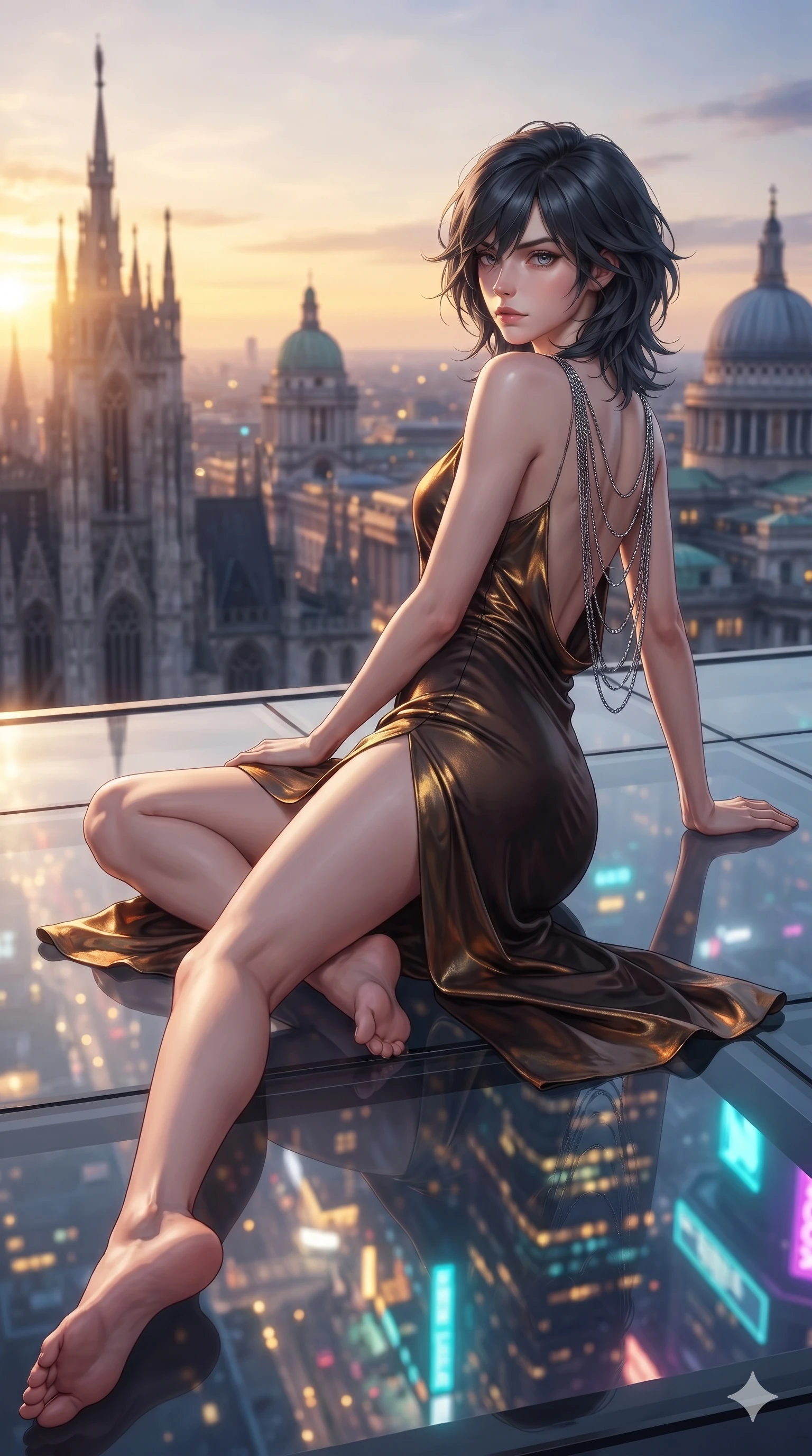 score_9, masterpiece, best quality, ultra-detailed, high-budget anime keyframe, editorial fashion photography, tasteful artistic composition, Caucasian woman. low angle full-body shot from head to toe showing her feet, filling the entire 9:16 vertical frame with her statuesque presence, stretching her vertical silhouette. reclining on her side in an elegant Cleopatra pose with one knee drawn up, the dramatic contour of her rounded hips and long slender legs commanding the 9:16 vertical frame while twisting her slender torso in an alluring contrapposto stance, shimmering city light reflections tracing her narrow waist and curvy hips through the transparent floor. The background shows a soft-focus gothic spires and neoclassical domes blending into soaring cyberpunk neon skyscrapers thousands of meters below blurred into gold, cyan, and deep violet bokeh. She has an exceptionally tall and slender model-like 8.5-heads proportion, an ultra-slim waist, a flat toned midriff, narrow delicate ribcage, and beautifully sculpted feminine hips creating a graceful, slim hourglass silhouette without any bulky heaviness, with impossibly long slender legs. sharp v-shaped jawline, high-bridge nose, intricate jewel-like sparkling eyes with depth, thick eyelashes, glossy parted lips with a natural sheen, intensely captivating and seductive bedroom-eyes expression, exuding both youthful cute charm and sovereign luxury allure, flawlessly proportioned anatomical accuracy, strict slender model proportions, natural body alignment, perfectly sculpted long slender limbs, ultra-slim waistline, clean dynamic posture without body distortion. wearing a form-contouring gossamer silk chiffon slip dress with a hip-high slit and open cowl back clinging with dewy moisture in dark espresso brown and molten gold foil, crafted from stretch micro-mesh with liquid foil coating that shimmers with every movement, accented with an open-back drape framed by falling strands of delicate chrome chains, the form-contouring material adhering flawlessly to her sculpted flat midriff and slender torso, emphasizing her long leg lines and perfectly proportioned willowy build. bathed in the dramatic dual twilight lighting: warm golden sunset rays from the classical west and cool vibrant neon from the futuristic east. ultra-reflective glossy finish, specular highlights, rich textural contrasts, high-contrast stereoscopic depth, volumetric dynamic lighting, 2k, ultra detail, master piece, 9:16 ratio