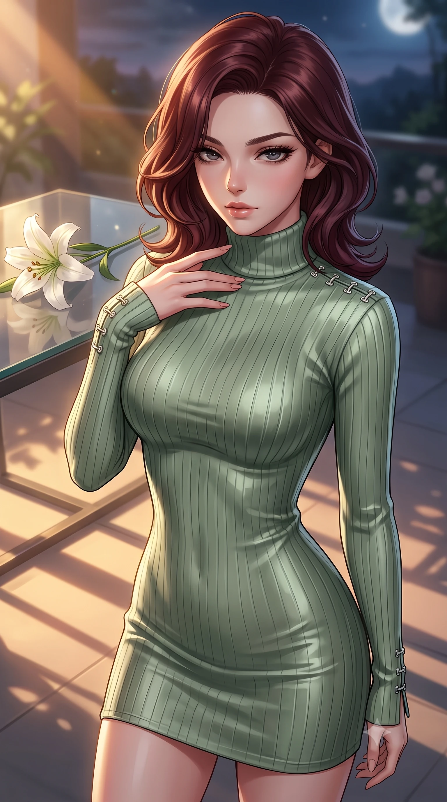 score_9, masterpiece, best quality, ultra-detailed, high-budget anime keyframe, editorial fashion photography, tasteful artistic composition, Korean woman. close-up cowboy shot from the waist and thighs up, the character dominates the composition, filling the frame with her large presence, background elements kept in soft focus. gently tracing her fingertips along her bare collarbone, casting a sultry gaze beneath long dark eyelashes set against a soft-focus background of inside an exclusive moonlit garden terrace with a single long-stemmed white lily resting against a polished glass surface. She has an exceptionally elegant, slender, and willowy female figure with an ultra-slim waist, a gracefully sculpted slender torso, and a refined silhouette. sharp v-shaped jawline, high-bridge nose, intricate jewel-like eyes with depth, thick eyelashes, glossy lips with a natural sheen. wearing body-hugging sage green liquid satin form-fitting ribbed knit turtleneck dress outlining her slender silhouette accented with delicate silver hardware. bathed in warm golden hour sunbeams that cast long, romantic shadows across the floor. highly saturated vibrant anime colors, detailed shading with soft gradients, rich glossy textures, high-contrast stereoscopic depth, volumetric dynamic lighting, master piece, 9:16 ratio