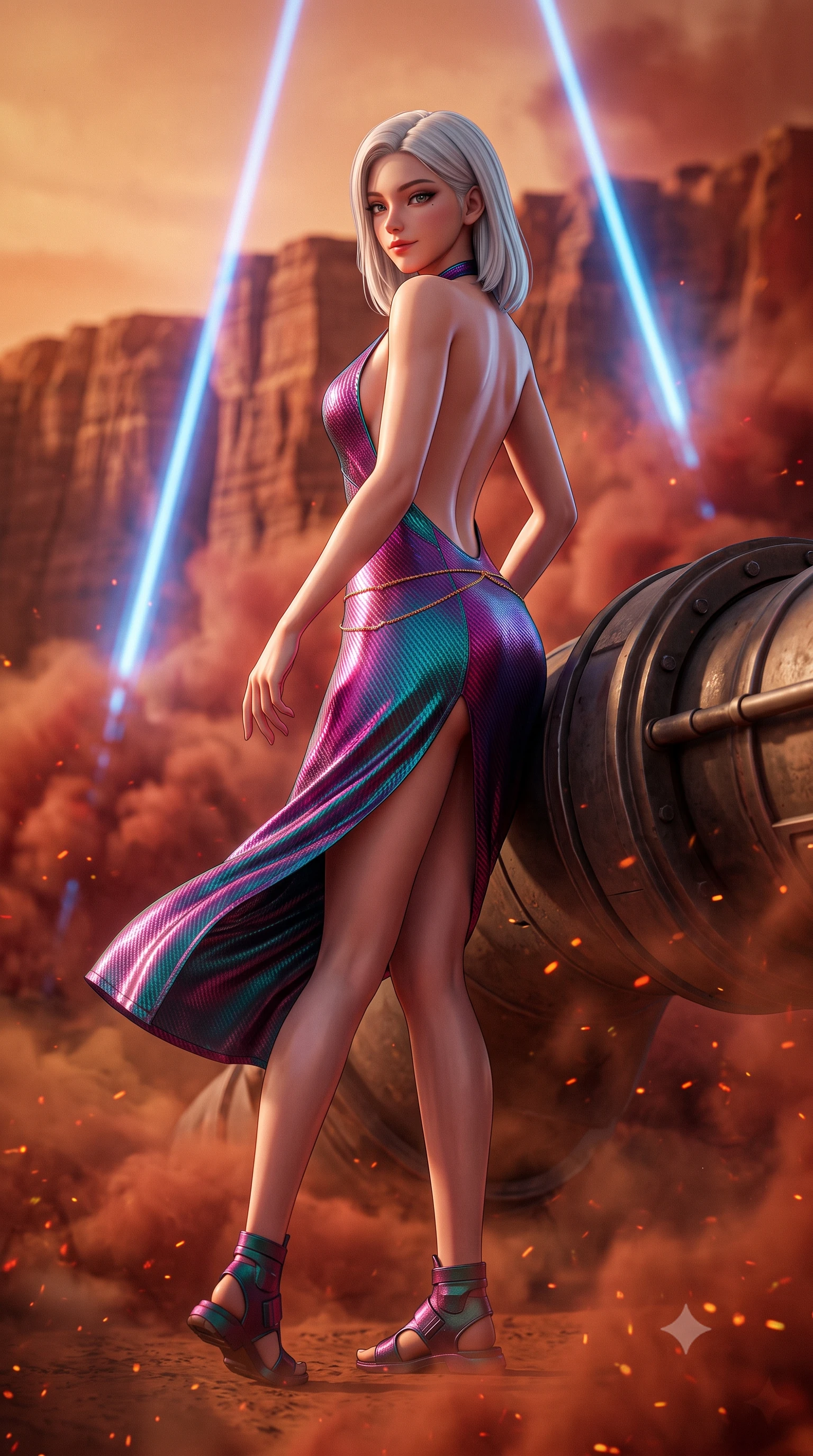 score_9, masterpiece, best quality, ultra-detailed, high-budget anime keyframe, semi-realistic 3D game render, editorial fashion photography, tasteful artistic composition, Korean woman. low angle full-body shot from head to toe showing her feet, filling the entire 9:16 vertical frame with her statuesque presence, stretching her vertical silhouette. executing a slow, graceful pivot turn as her skirt sways around her slender legs, glancing back with an enchanting, teasing sensual expression while leaning against the heavy terraforming conduit with hips cocked back, watching blue atmospheric ionization lasers pierce red dust storms with smoldering bedroom-eyes. The background shows a soft-focus swirling red and ochre Martian dust clouds, towering canyon cliff strata, and giant blue atmospheric laser beams blurred into terracotta, crimson, and cobalt bokeh. She has an exceptionally tall and slender model-like 8.5-heads proportion, an ultra-slim waist, a flat toned midriff, narrow delicate ribcage, and beautifully sculpted feminine hips creating a graceful, slim hourglass silhouette without any bulky heaviness, with impossibly long slender legs. sharp v-shaped jawline, high-bridge nose, intricate jewel-like sparkling eyes with depth, thick eyelashes, glossy parted lips with a natural peach sheen, bright cheerful beaming smile with an enchanting and coquettish sensual glint, exuding both youthful cute charm and seductive allure, flawlessly proportioned anatomical accuracy, strict slender model proportions, natural body alignment, perfectly sculpted long slender limbs, ultra-slim waistline, clean dynamic posture without body distortion. wearing an alluring backless metallic lamé combat halter mini dress with deep open back down to her lower spine and thigh-high slit in Kowloon neon magenta and electric teal, woven from structured carbon-fiber jacquard with rich textural depth, accented with a dainty gold belly chain resting across her flat midriff and curving hips, the liquid-tight tailored fabric clinging flawlessly to her narrow waist and rounded feminine hips, emphasizing every millimeter of her sculpted slim hourglass curves without any bulky heaviness. bathed in rich 2000K warm terracotta sunset glow contrasted with brilliant electric-blue ionization laser conduits. highly saturated vibrant anime colors, detailed shading with soft gradients, rich glossy textures, high-contrast stereoscopic depth, volumetric dynamic lighting, master piece, 9:16 ratio