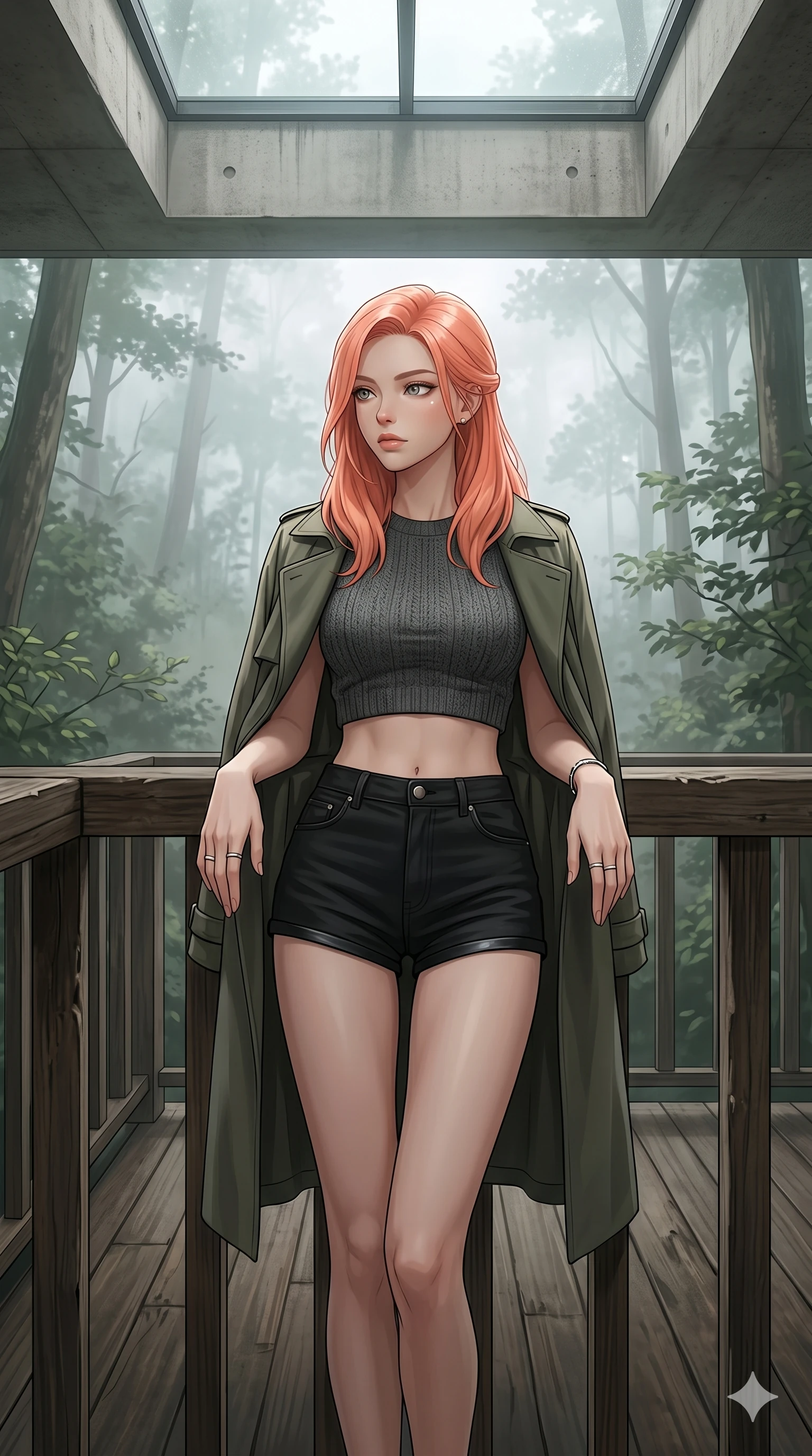 score_9, masterpiece, best quality, ultra-detailed, high-budget anime keyframe, editorial fashion photography, tasteful artistic composition, Japanese woman. cowboy shot from the thighs up, character and outfit filling the frame for maximum editorial presence. resting her hands on the deck railing, looking past the camera with serene self-assurance on a secluded deck of a forest retreat with mist (Code-P17-096). She has an absolutely perfect 8-heads proportion, an exceptionally tall and slender female figure with impossibly long slender legs and an ultra-slim waist. V-shaped jawline, high-bridge nose, intricate jewel-like eyes with depth, thick eyelashes, glossy lips with a natural sheen. wearing a crop top exposing her bare midriff and micro-shorts. soft diffused light from a concrete skylight, highlighting her V-shaped jawline and nose. 2k, ultra detail, master piece, 9:16 ratio