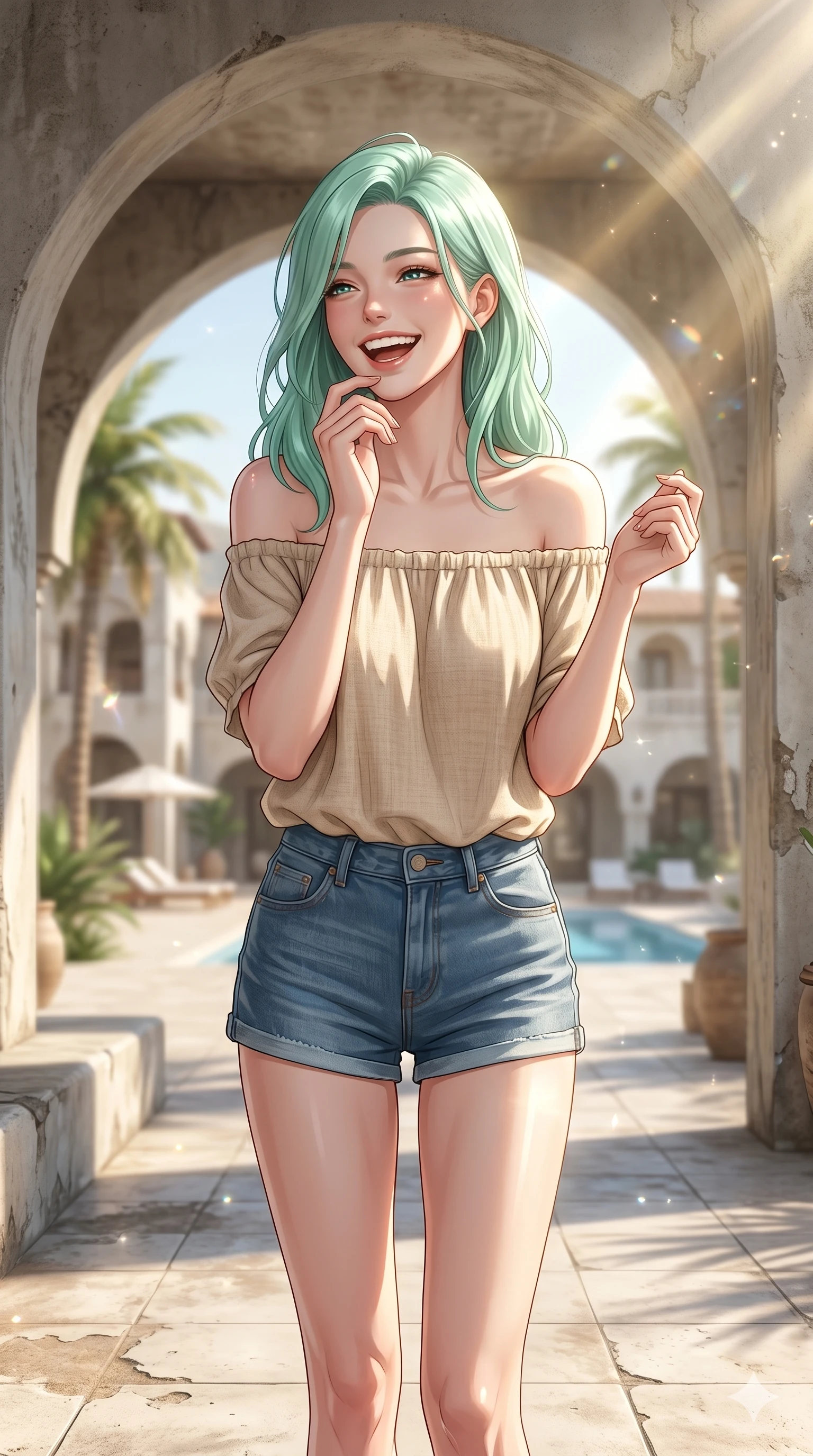 score_9, masterpiece, best quality, ultra-detailed, high-budget anime keyframe, editorial fashion photography, tasteful artistic composition, Japanese woman. cowboy shot from the thighs up, character and outfit filling the frame for maximum editorial presence. laughing joyfully with her head tilted, eyes glowing with bright happiness standing under a high arched concrete canopy in a sunny luxury resort. She has an absolutely perfect 8-heads proportion, an exceptionally tall and slender female figure with impossibly long slender legs and an ultra-slim waist. V-shaped jawline, high-bridge nose, intricate jewel-like eyes with depth, thick eyelashes, glossy lips with a natural sheen. wearing a beige off-shoulder top showing her elegant clavicle lines, and denim shorts. illuminated by bright, warm sunbeams creating soft shadows and sparkling lens flares. 2k, ultra detail, master piece, 9:16 ratio