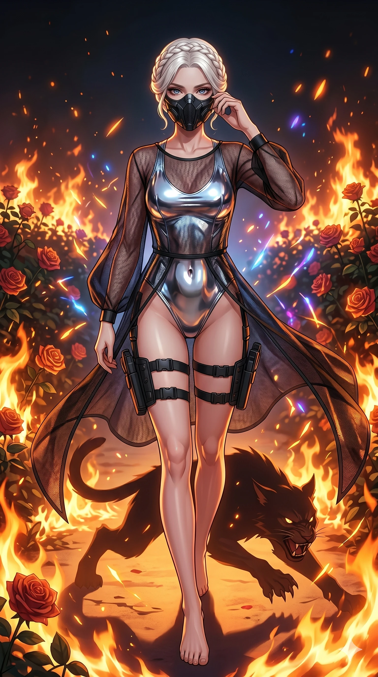 score_9, masterpiece, best quality, ultra-detailed, Set A: High-budget Anime Keyframe, Caucasian (strictly human ears) woman. Low angle cowboy shot filling the entire 9:16 frame with her statuesque presence. Adjusting a mask through a burning rose garden, while her shadow mimics the movements of a predator 235 and surrounded by glowing energy sparks. She has an well-proportioned figure, an tall and elegant figure with elegant legs and an graceful posture. Sharp v-shaped jawline, high-bridge nose, intricate jewel-like eyes with depth, thick eyelashes, glossy lips with a natural sheen. Wearing Reflective chrome swimwear under a translucent mesh cover-up with tactical holsters. Cinematic lighting, vibrant colors, dramatic shadows, 2k, ultra detail, master piece, 9:16 ratio