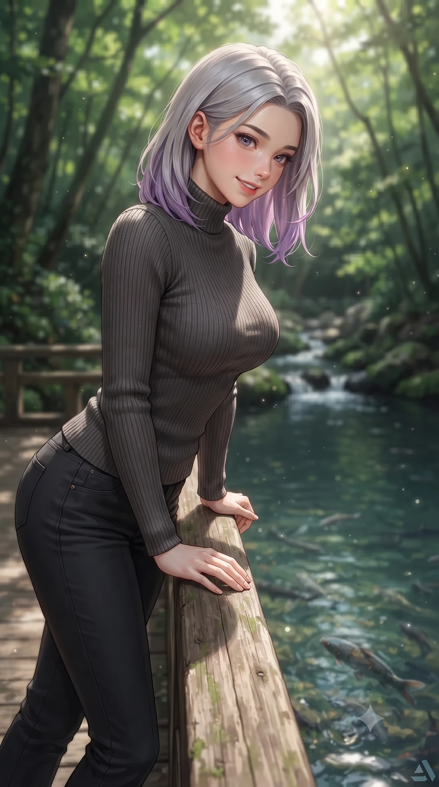 score_9, masterpiece, best quality, ultra-detailed, high-budget anime keyframe, editorial fashion photography, tasteful artistic composition, Caucasian woman. close-up cowboy shot from the waist and thighs up, the character dominates the composition, filling the frame with her large presence, background elements kept in soft focus. gazing at the camera with a warm, lovely smile and cute, friendly eye contact set against a soft-focus background of next to a quiet forest pond fed by a cold mountain stream resting her hand on the wooden bridge railing, looking down at the fish. She has an exceptionally elegant, slender, and willowy female figure with an ultra-slim waist, a gracefully sculpted slender torso, and a refined silhouette. sharp v-shaped jawline, high-bridge nose, intricate jewel-like eyes with depth, thick eyelashes, glossy lips with a natural sheen. wearing body-hugging body-hugging ribbed knit sweater in charcoal, paired with slim-fit trousers. dappled sunbeams filtering through the dense green forest canopy. ultra-reflective glossy finish, specular highlights, metallic sheen, high-contrast stereoscopic depth, volumetric dynamic lighting, 2k, ultra detail, master piece, 9:16 ratio