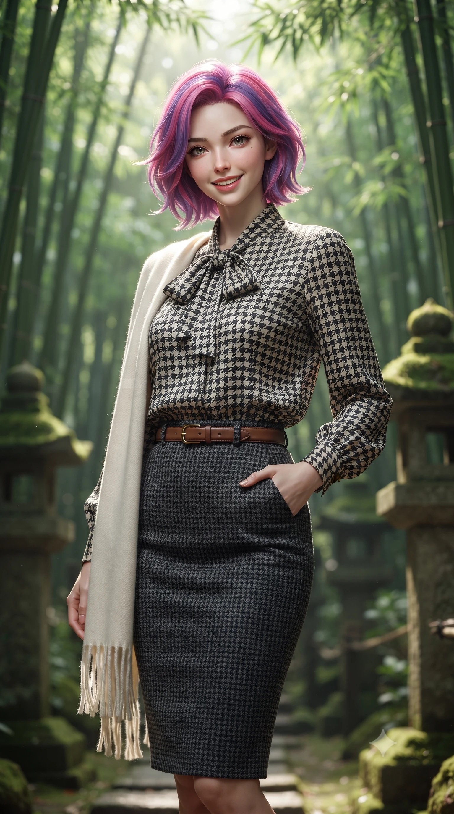 score_9, masterpiece, best quality, ultra-detailed, high-budget anime keyframe, editorial fashion photography, tasteful artistic composition, Caucasian woman. close-up cowboy shot from the waist and thighs up, the character dominates the composition, filling the frame with her large presence. standing poised with one hand slipped into her tailored trouser pocket, head tilted in a friendly, engaging expression while walking slowly beneath the towering bamboo canopy, listening to the gentle rustling leaves with peaceful aristocratic grace. The background shows a soft-focus ancient mossy stone lanterns softened in mystical Japanese natural sanctuary shallow focus. She has an exceptionally elegant, slender, and willowy female figure with an ultra-slim waist, flat toned midriff, narrow ribcage, and sculpted feminine hips creating an alluring, slim hourglass silhouette without bulk. sharp v-shaped jawline, high-bridge nose, intricate jewel-like sparkling eyes with depth, thick eyelashes, glossy parted lips with a natural peach sheen, bright cheerful beaming smile with an enchanting and coquettish sensual glint, exuding both youthful cute charm and seductive allure, flawlessly proportioned anatomical accuracy, strict slender model proportions, natural body alignment, perfectly sculpted long slender limbs, ultra-slim waistline, clean dynamic posture without body distortion. wearing a fluid silk crepe pussy-bow blouse paired with a high-waisted tailored pencil midi skirt and slim leather belt in classic Savile Row charcoal houndstooth and crisp ivory, crafted from fluid mulberry silk twill with an understated lustrous pearl finish, accented with a wide brushed cashmere fringe scarf draped elegantly over one shoulder, the streamlined silhouette following her natural slender proportions with sophisticated poise, enhancing her tall willowy presence. bathed in ethereal shafts of morning sunlight (komorebi) piercing through dense emerald bamboo canopies. ultra-reflective glossy finish, specular highlights, rich textural contrasts, high-contrast stereoscopic depth, volumetric dynamic lighting, 2k, ultra detail, master piece, 9:16 ratio