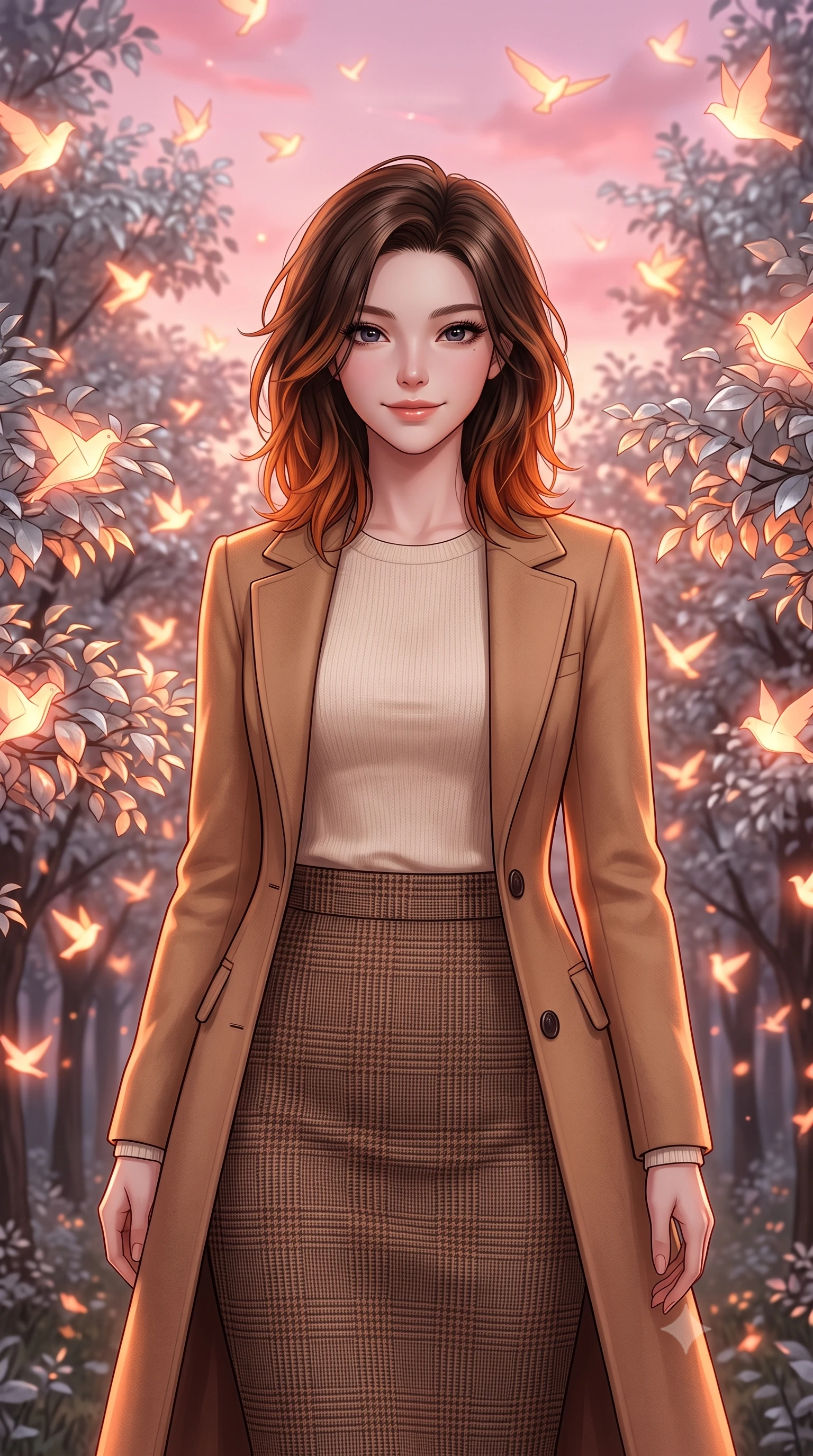 score_9, masterpiece, best quality, ultra-detailed, high-budget anime keyframe, editorial fashion photography, tasteful artistic composition, Korean woman. close-up cowboy shot from the waist and thighs up, the character dominates the composition, filling the frame with her large presence, background elements kept in soft focus. Gently tilting her head with a serene, peaceful smile of quiet happiness. set against a soft-focus background of in a forest clearing filled with silver-leaf trees where thousands of glowing paper birds nest and take flight into a pink evening sky. She has an exceptionally elegant, slender, and willowy female figure with a highly-defined ultra-slim waist, a gracefully sculpted slender torso, and a refined slim-fit silhouette that contours her form. sharp v-shaped jawline, high-bridge nose, intricate jewel-like eyes with depth, thick eyelashes, glossy lips with a natural sheen. wearing a tailored slim-fit camel hair coat over a soft cream knit top and a brown check wool pencil skirt. warm orange and pink glow from the paper birds illuminating the silver leaves and casting a warm cozy light. 2k, ultra detail, master piece, 9:16 ratio