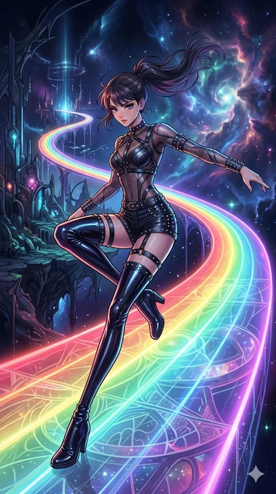 score_9, masterpiece, best quality, ultra-detailed, high-budget anime movie keyframe, cinematic anime lighting, intricate line art, Korean woman. Dynamic full-body shot stretching the vertical silhouette with extreme perspective. dancing on a bridge 