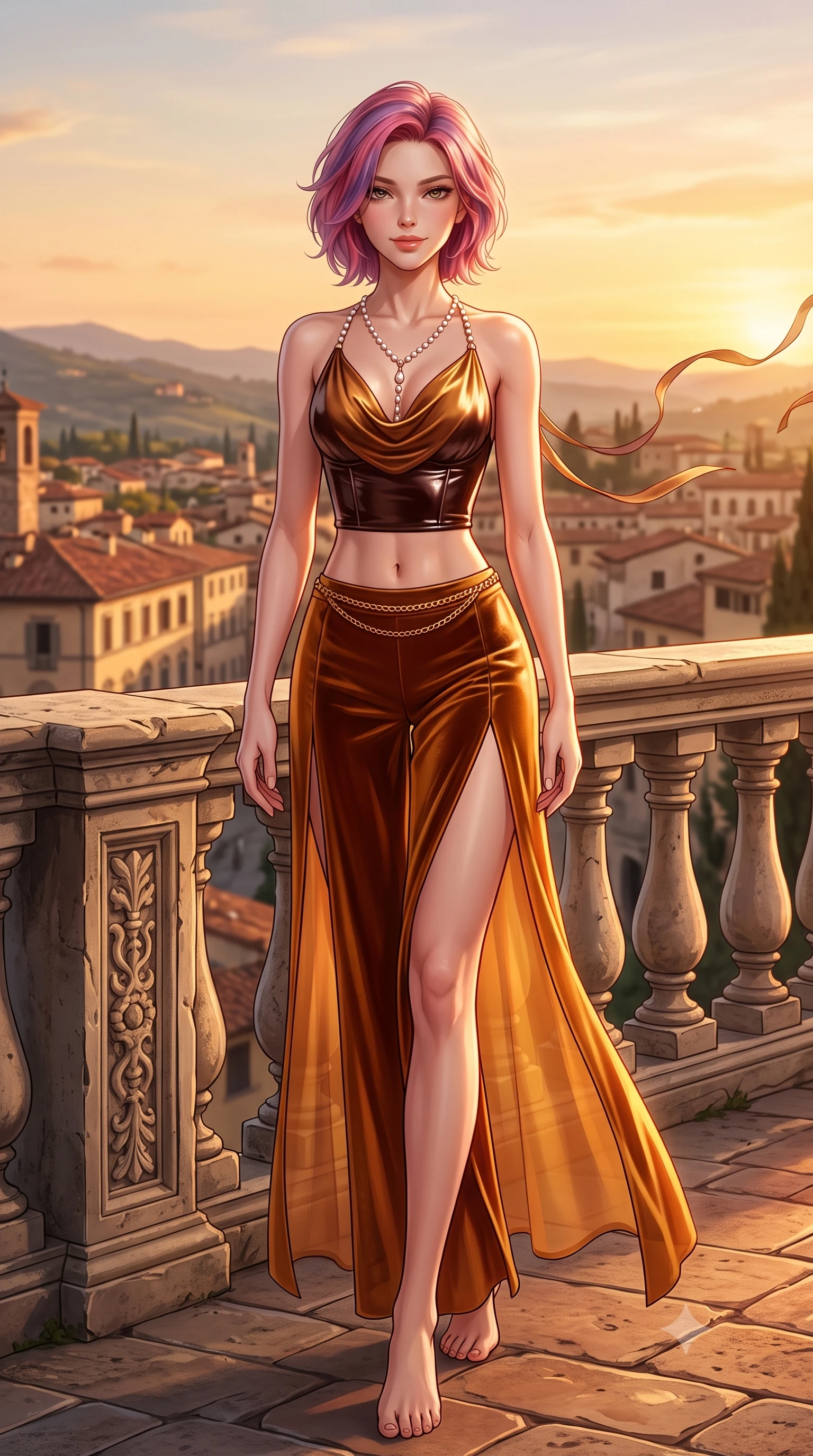 score_9, masterpiece, best quality, ultra-detailed, high-budget anime keyframe, semi-realistic 3D game render, editorial fashion photography, tasteful artistic composition, Caucasian woman. low angle full-body shot from head to toe showing her feet, filling the entire 9:16 vertical frame with her statuesque presence, stretching her vertical silhouette. lounging on the lavish daybed with legs crossed and hips angled toward the camera, displaying her toned midriff and long slender limbs with effortless siren poise while standing poised beside the ancient carved stone balustrade, arching her back with breathtaking Mediterranean elegance as golden sunset washes over the hills. The surrounding environment is rendered in vivid detail and crisp panoramic clarity: detailed plunging cowl-neck liquid silk gown cling, gold waist chain shine, and Renaissance Italian architecture in razor-sharp precision. She has an absolutely perfect, statuesque 8.5-heads proportion, an exceptionally tall and slender model-like female figure with impossibly long slender legs, an ultra-slim waist, a flat toned midriff, narrow delicate ribcage, and beautifully sculpted feminine hips creating a graceful, slim hourglass silhouette without any bulky heaviness. sharp v-shaped jawline, high-bridge nose, sparkling eyes with hypnotic seductive depth, thick curled eyelashes, glossy parted lips with a natural dewy peach sheen, alluring bedroom-eyes with an enchanting coquettish smile, exuding magnetic siren charisma and sophisticated glamour, flawlessly proportioned anatomical accuracy, strict slender model proportions, natural body alignment, perfectly sculpted long slender limbs, ultra-slim waistline, clean dynamic posture without body distortion. wearing a wet-look form-fitting vinyl bustier paired with sheer chiffon high-slit wide-leg trousers in warm amber honey and antique gold leaf, tailored from ultra-plush velvet with rich tactile depth and deep shadow gradients, accented with a pearl-drop body harness subtly framing her dewy collarbones and spine, the form-contouring silhouette accentuating her sculpted flat midriff, narrow delicate ribcage, and gracefully curvy hips with intoxicating allure. illuminated by terracotta floor bounce and sharp molten-bronze rim lights sculpting her razor-sharp jawline, narrow waist, and curvy hips. highly saturated vibrant anime colors, detailed shading with soft gradients, rich glossy textures, high-contrast stereoscopic depth, volumetric dynamic lighting, master piece, 9:16 ratio