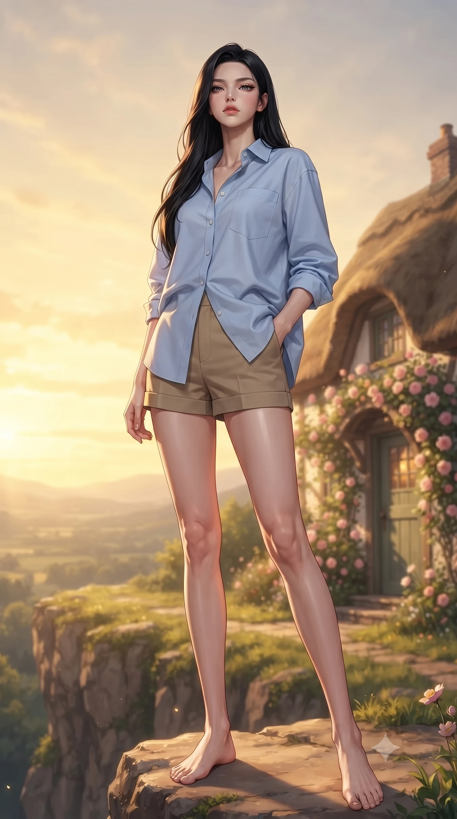 score_9, masterpiece, best quality, ultra-detailed, high-budget anime keyframe, editorial fashion photography, tasteful artistic composition, Korean woman woman. low angle full-body shot from head to toe showing her feet, filling the entire 9:16 vertical frame with her statuesque presence, stretching her vertical silhouette. standing proud on a scenic cliff overlooking the valley, her silhouette framed by the golden sky the background shows a soft-focus the front porch of a charming thatched-roof cottage covered in climbing pink roses. She has an absolutely perfect, statuesque 8.5-heads proportion, an exceptionally tall and slender model-like female figure with impossibly long slender legs and an ultra-slim waist. sharp v-shaped jawline, high-bridge nose, intricate jewel-like eyes with depth, thick eyelashes, glossy lips with a natural sheen. wearing a slim-fit oversized light blue cotton button-down shirt paired with tailored khaki shorts. warm morning sunbeams highlighting the rustic wooden door and flowers. ultra-reflective glossy finish, specular highlights, metallic sheen, high-contrast stereoscopic depth, volumetric dynamic lighting, 2k, ultra detail, master piece, 9:16 ratio